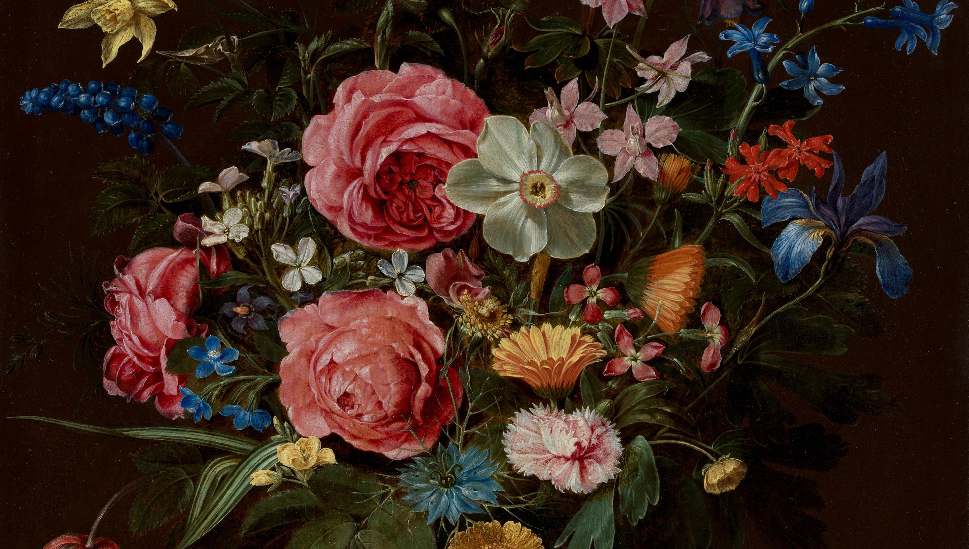An oil painting of a bright bouquet of multi-colored blooming flowers against a dark background.
