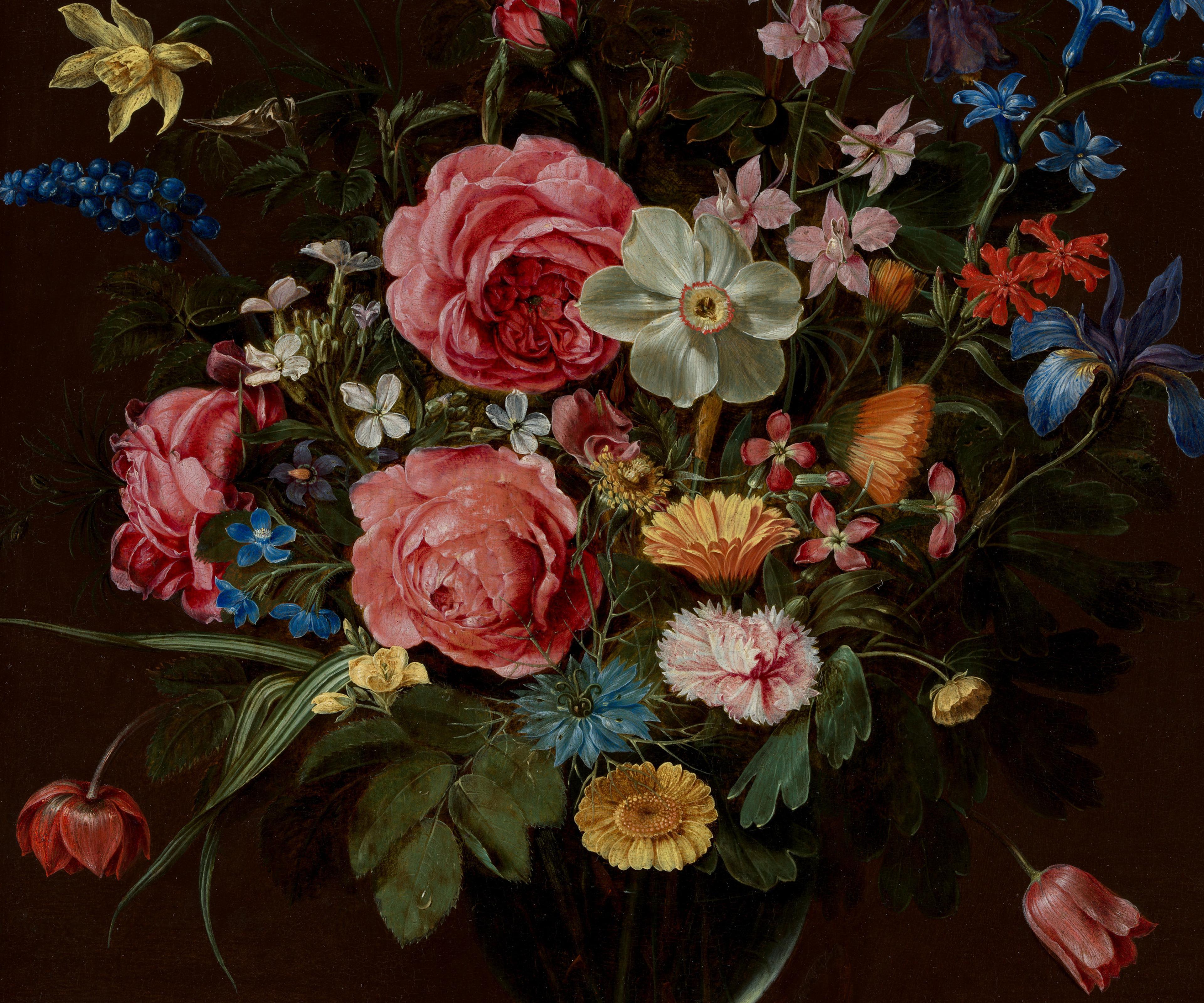 Detail of Clara Peeter's "A Bouquet of Flowers" an oil painting depicting a vibrant, multi-colored bouquet of flowers.