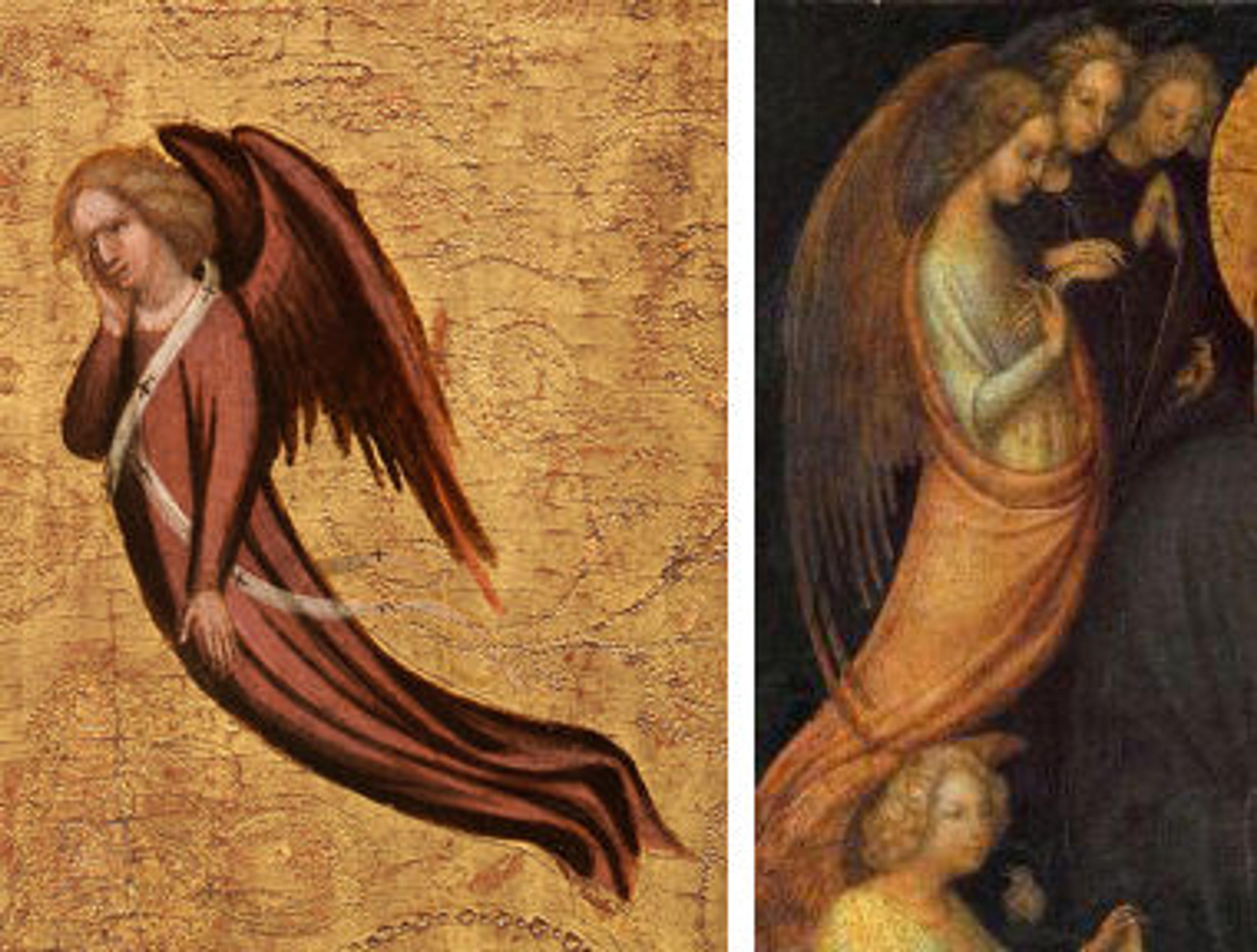 Two detail views of works by Stefano da Verona, both depicting angels floating in mid-air