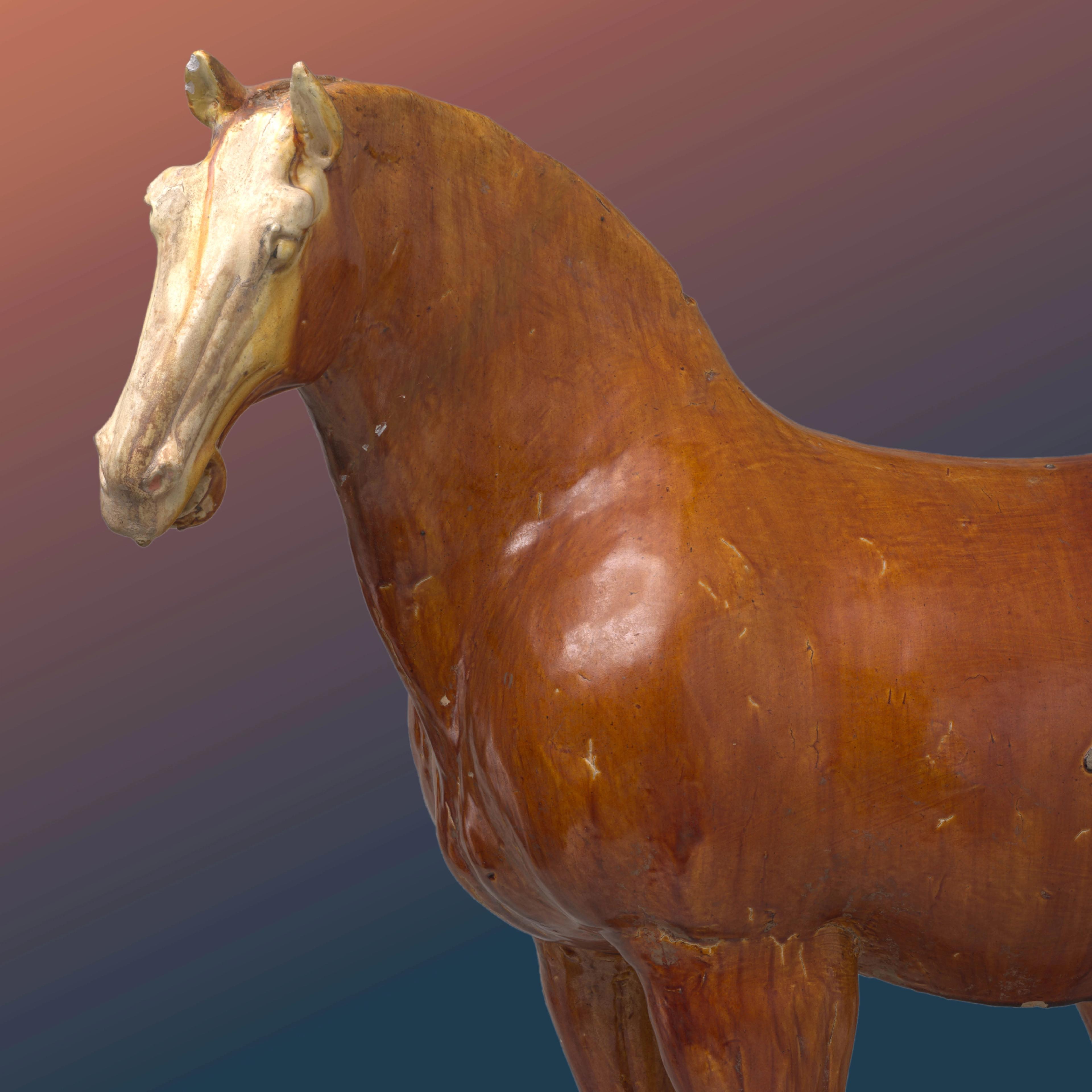 A wooden horse sculpture with a glossy finish, showcasing a realistic texture. The background is a gradient of warm orange to cool blue, creating a vintage feel.