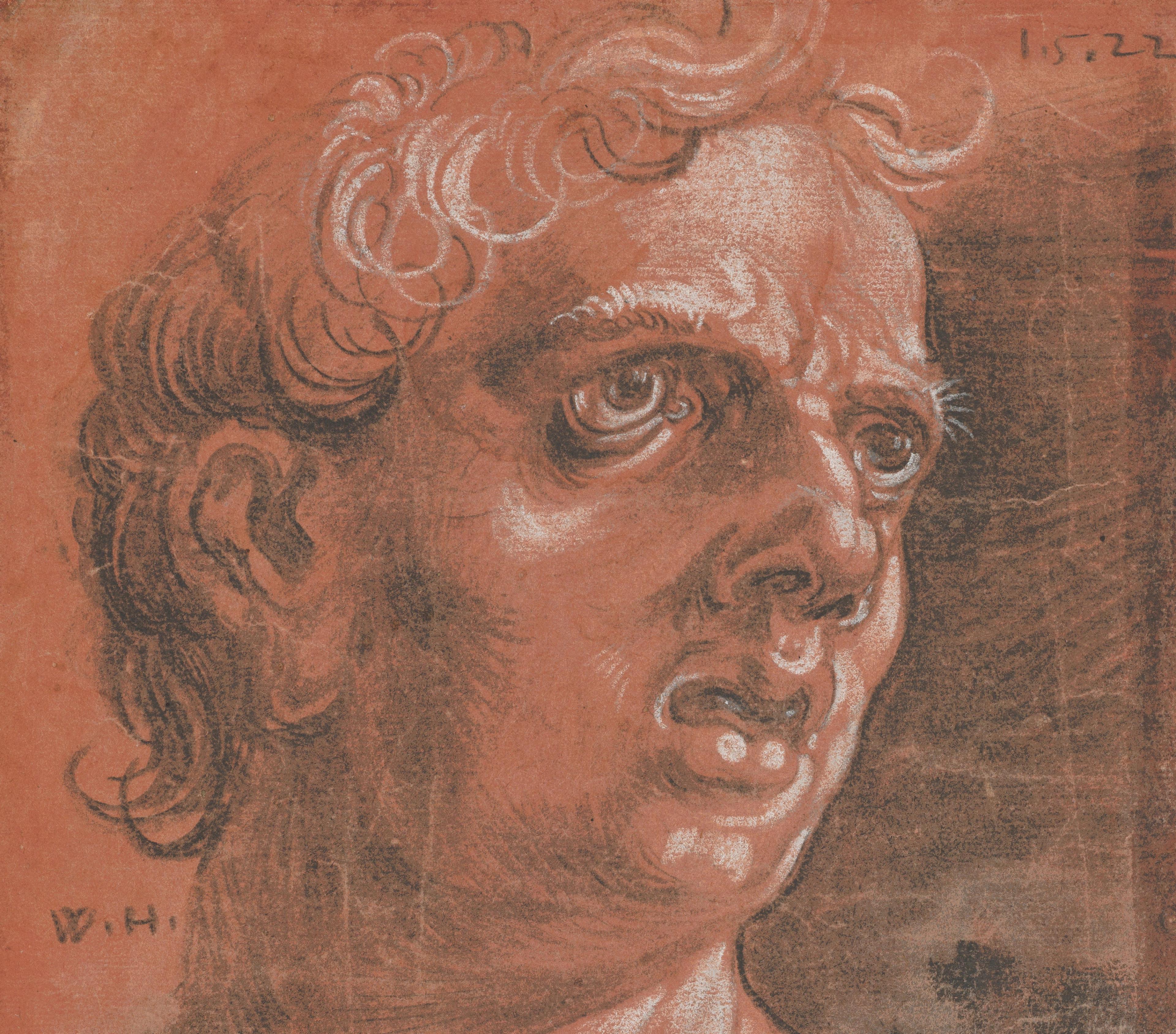 A red, white, and black chalk drawing of a curly-haired man with a fearful look on his face, looking out into the distance.