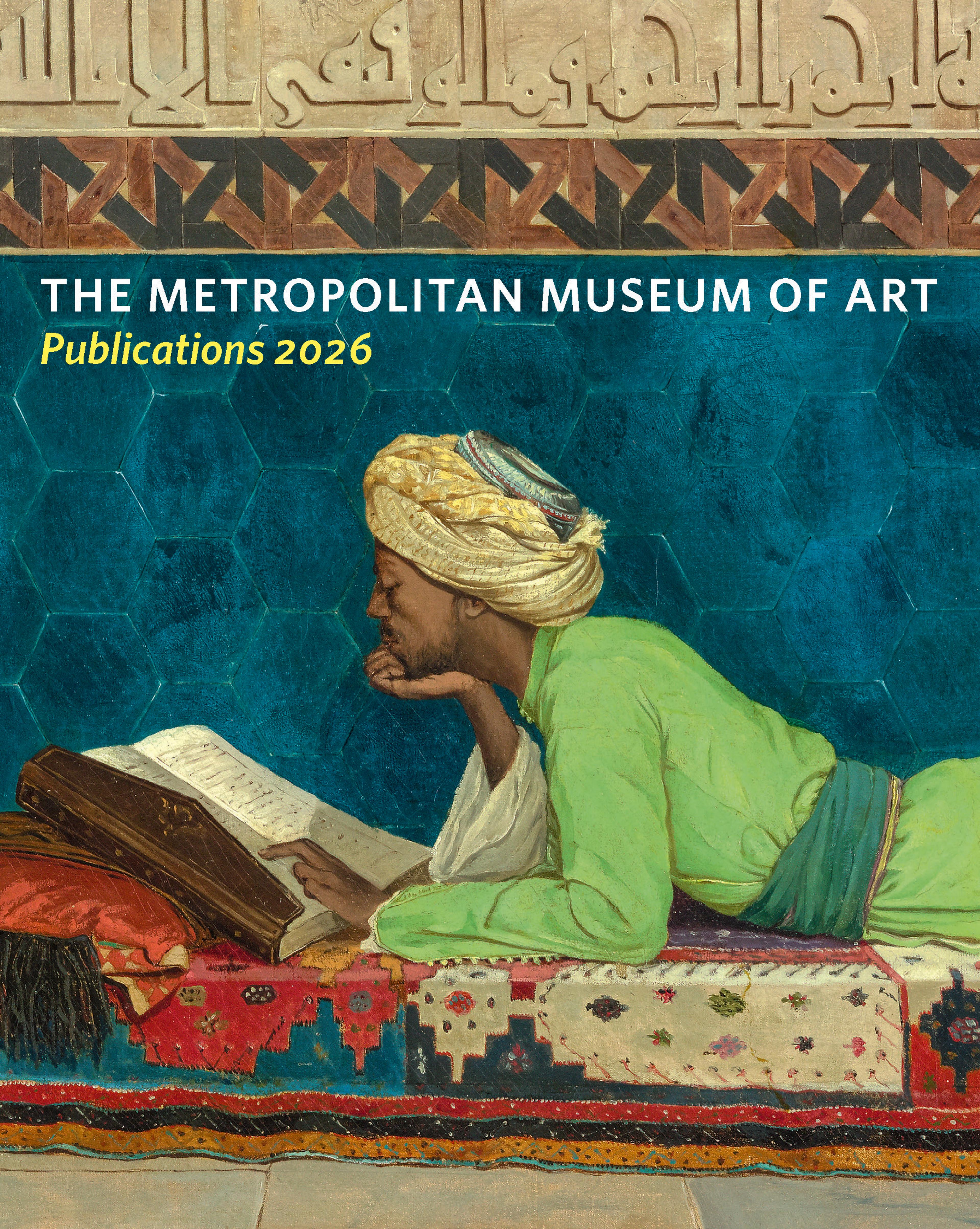 A turbaned figure in a bright green robe reclines on a patterned carpet, reading an open manuscript against a blue tiled wall.