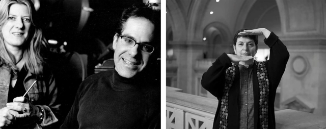 Two black and white photos - in the left photo, a woman holding a tool sits next to a smiling man wearing glasses and on the right photo, a woman stands holding one hand above their head and the other below their chin, palms facing each other