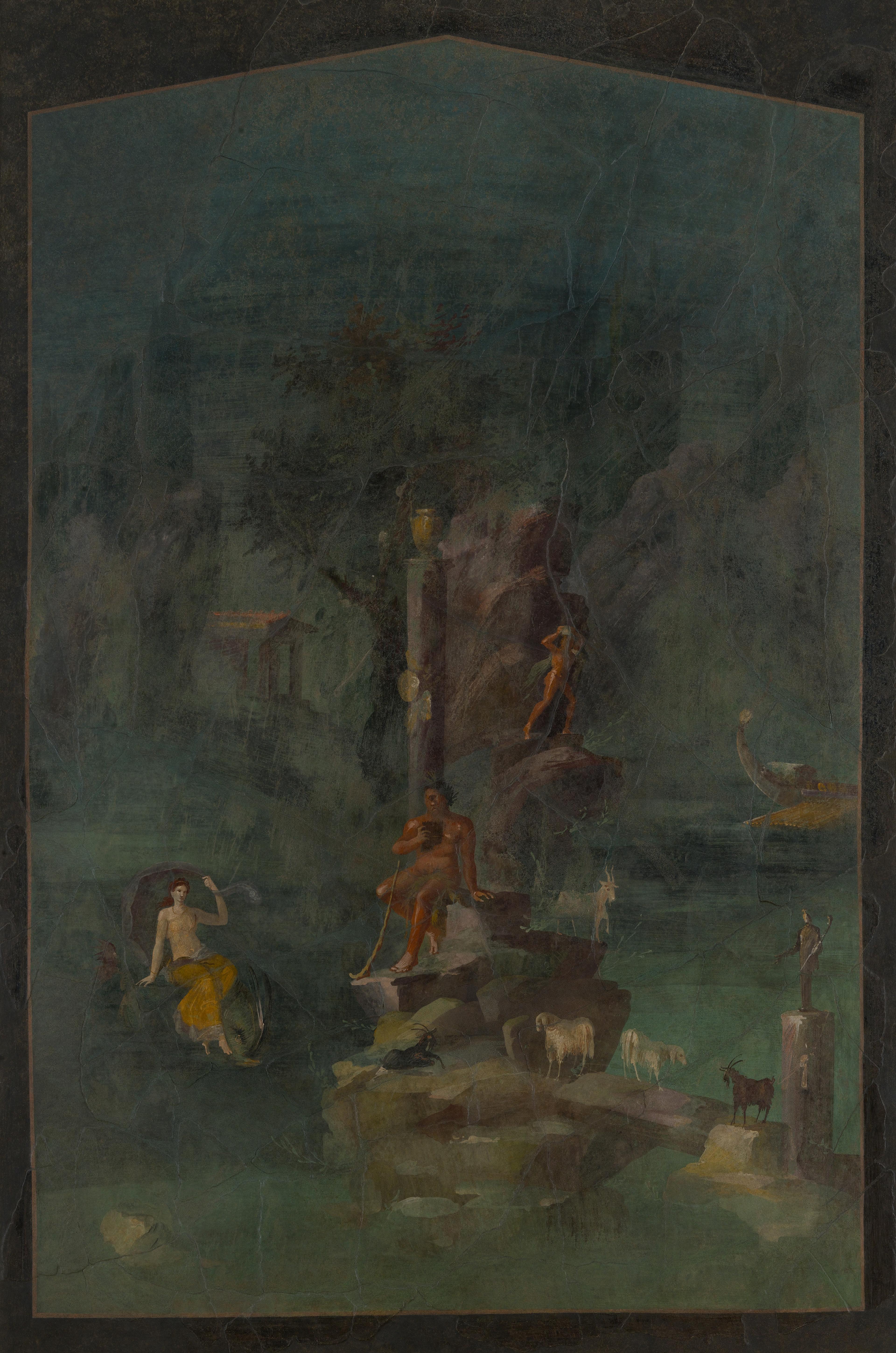 Darkly colored painting of Polyphemus, resting atop a rock at center and staring at a lounging Galatea amidst a pastoral scene dotted with sheep.