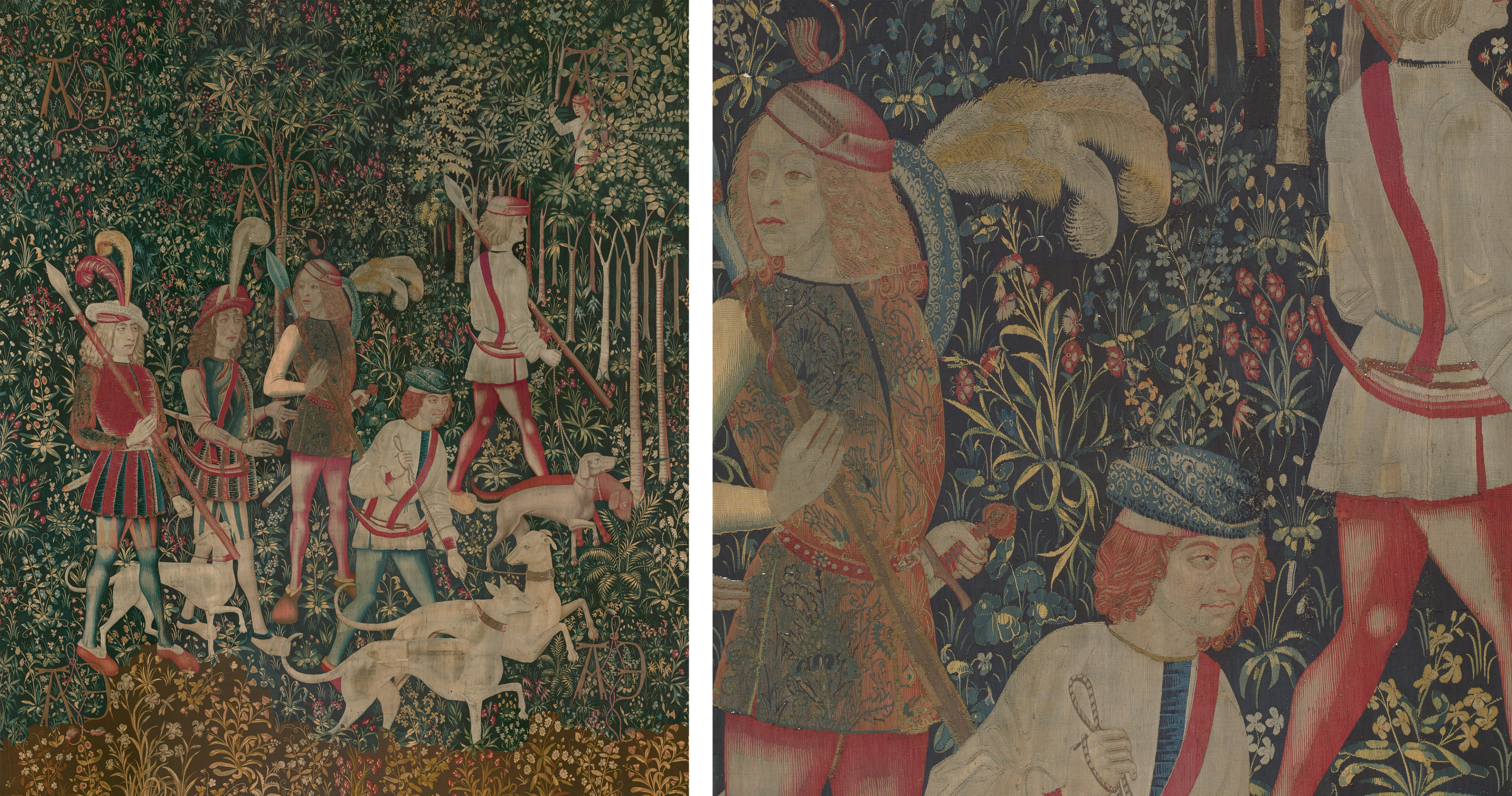A tapestry showing hunters with spears in the woods, accompanied by several dogs