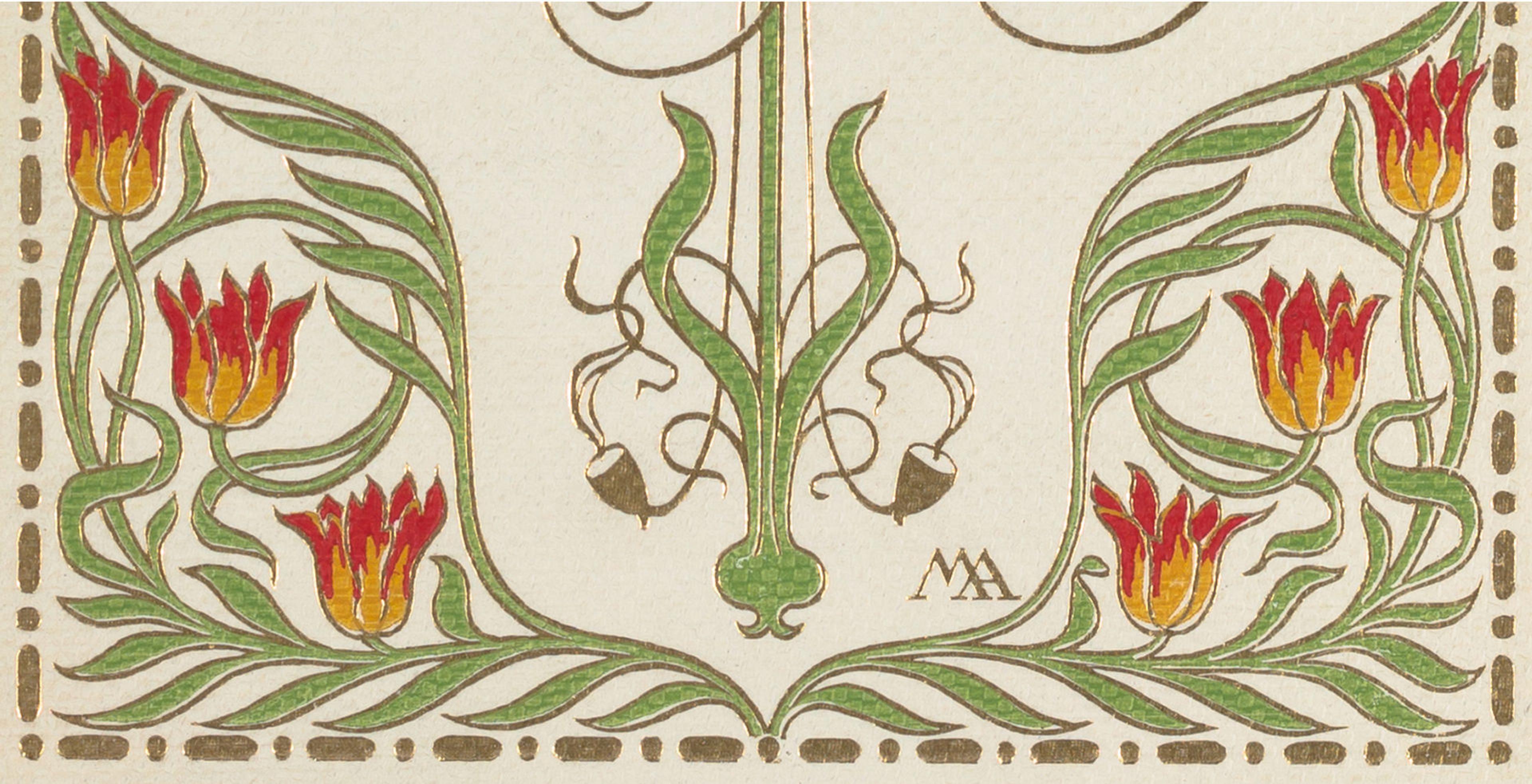 A botanical book cover with three red and gold flower on either side, two brown and white flowers in the center, and green vines and stems surrounding the flowers.