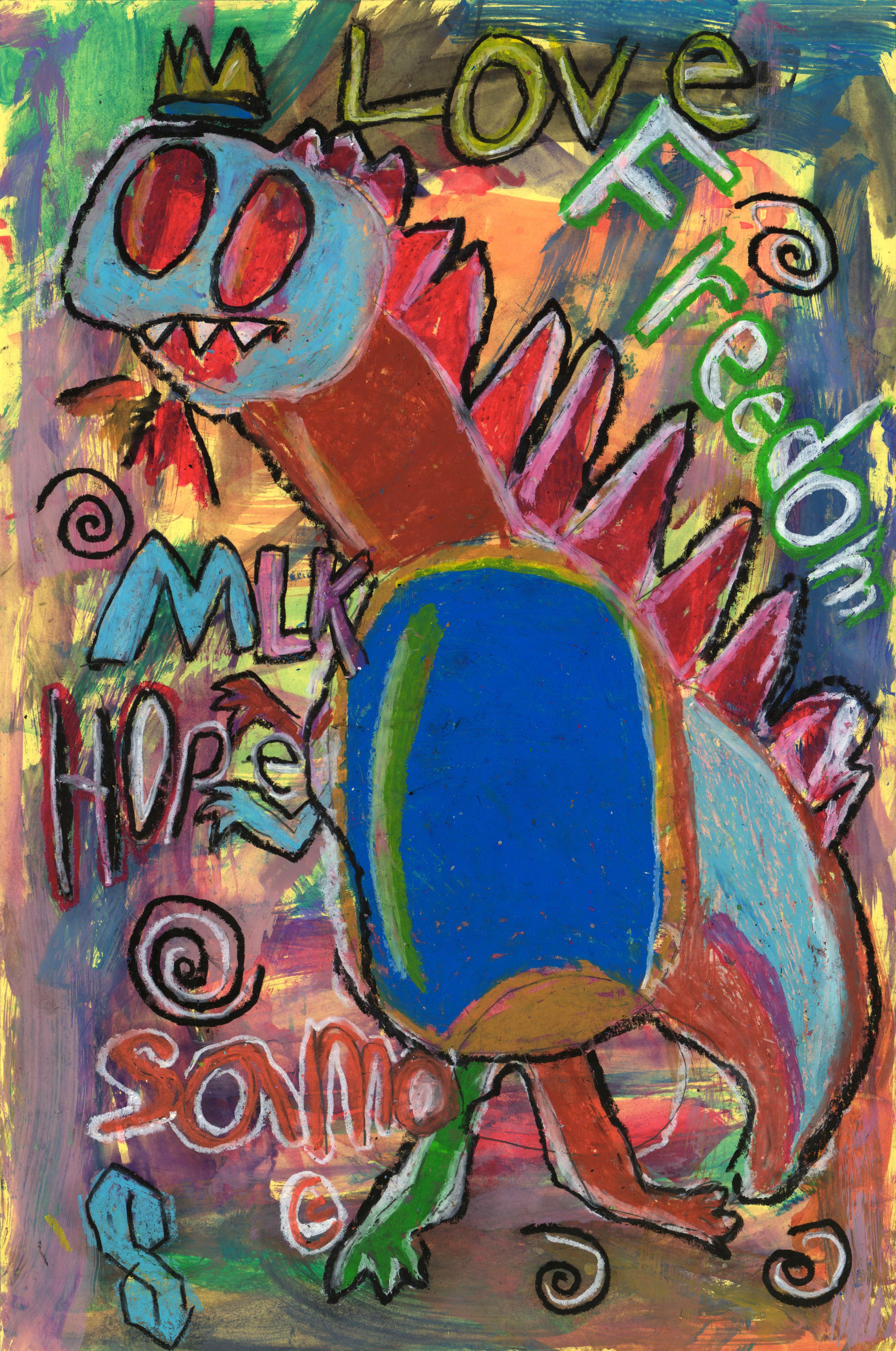 Paint-and–oil pastel illustration of Power Dino, a tall dinosaur standing on two legs, wearing a gold crown. Power Dino is facing left and has a light blue face, long brown neck, deep blue body, light blue tail, a small pair of upper arms, one light blue, the other brown, and a larger pair of lower legs, one green, the other brown. Power Dino has big red eyes, pointy teeth, and tall red spikes running along its spine. Written in the air around Power Dino are the words Love, Freedom, MLK, Hope, and Samo.