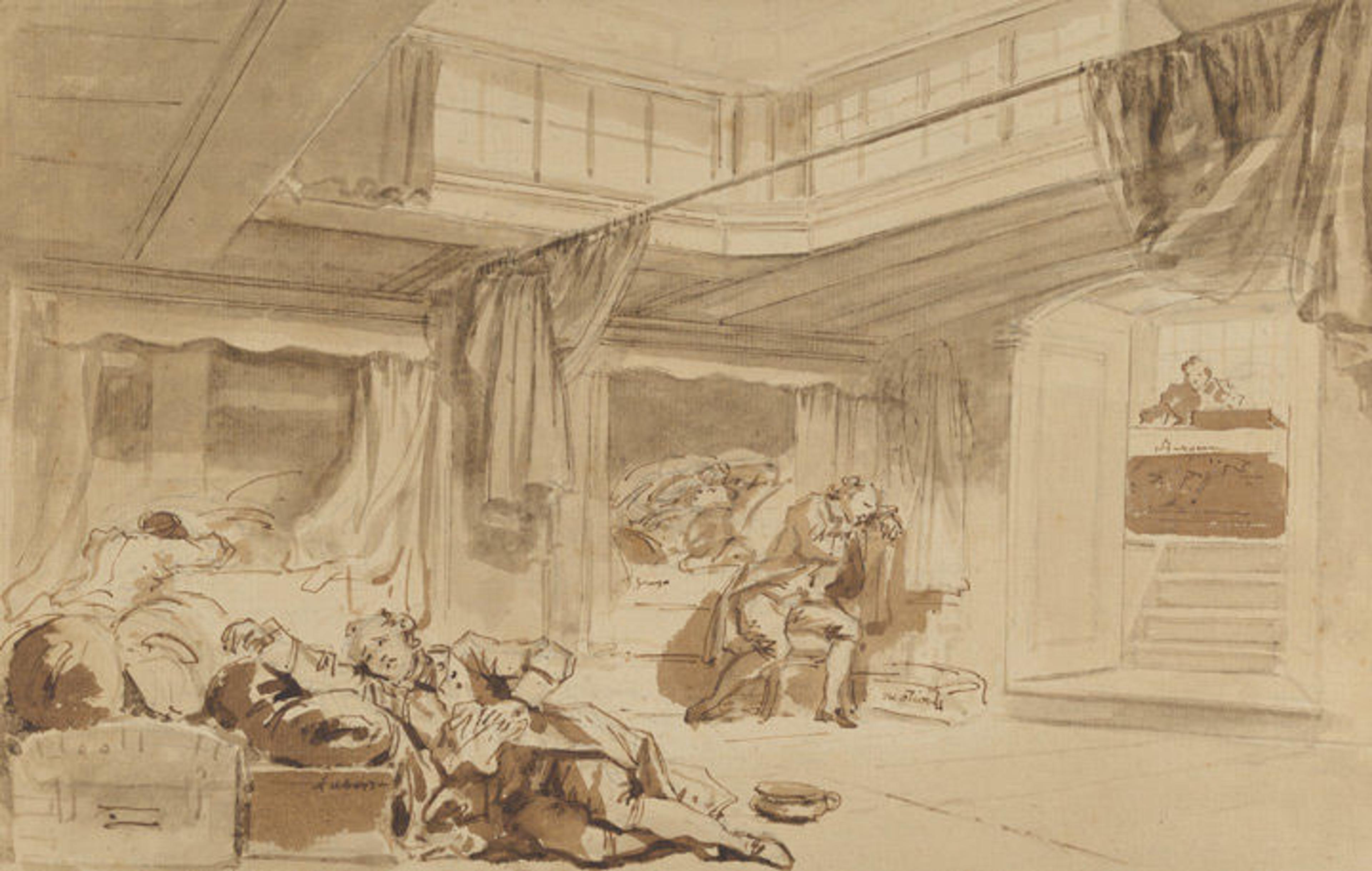 Brown ink and brown wash drawing of a group of travelers experience sea sickness while aboard a ship