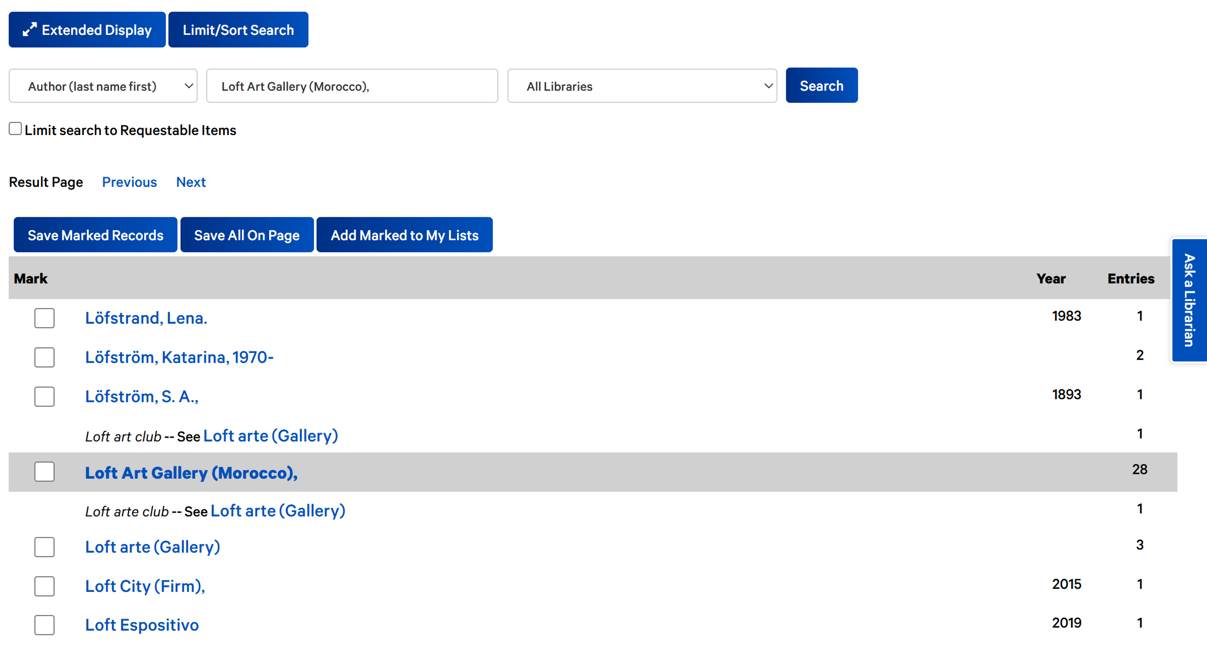 Search result display in library catalog