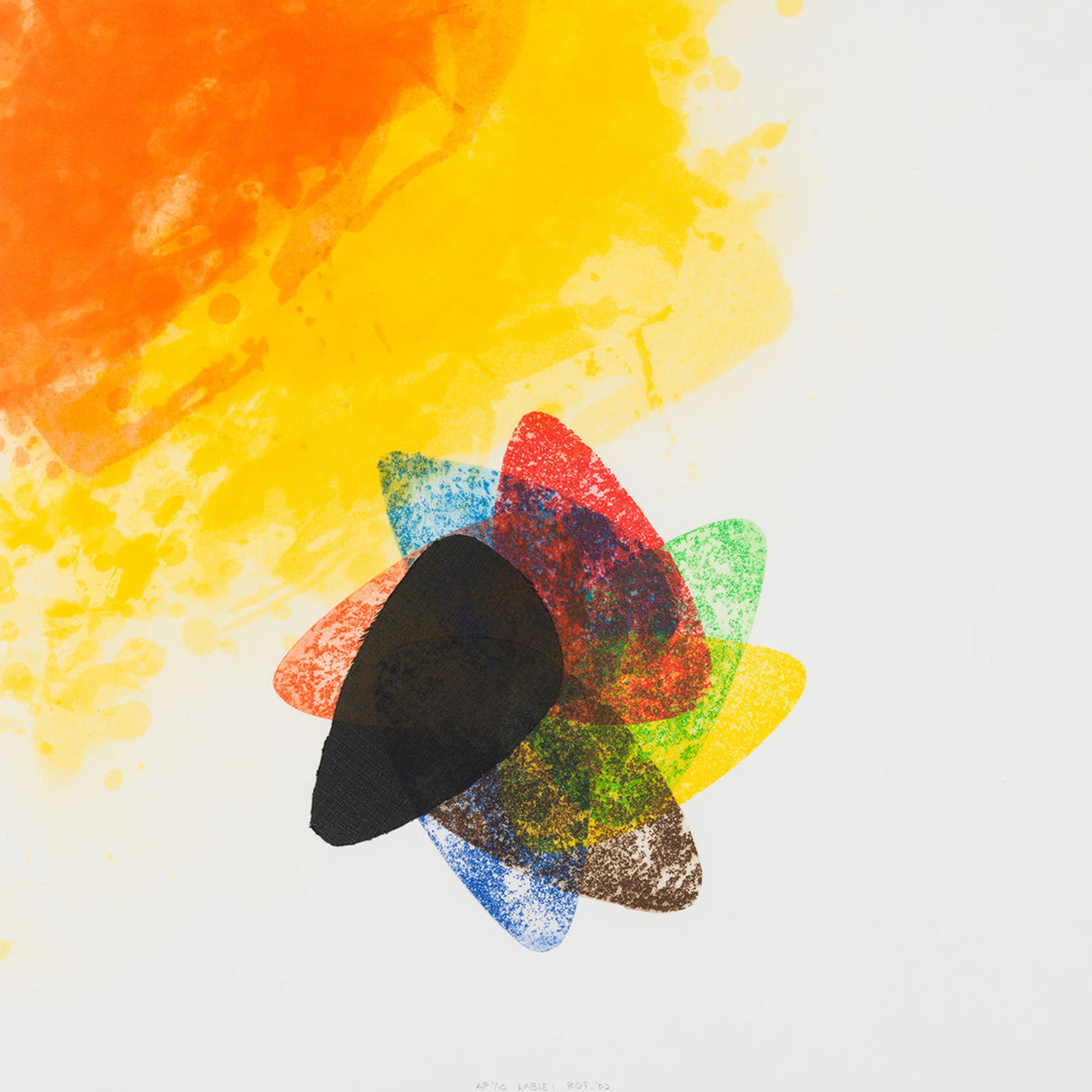 layers of pick shaped colors on top of each other almost looking like a flower with orange creeping out from the top left corner.