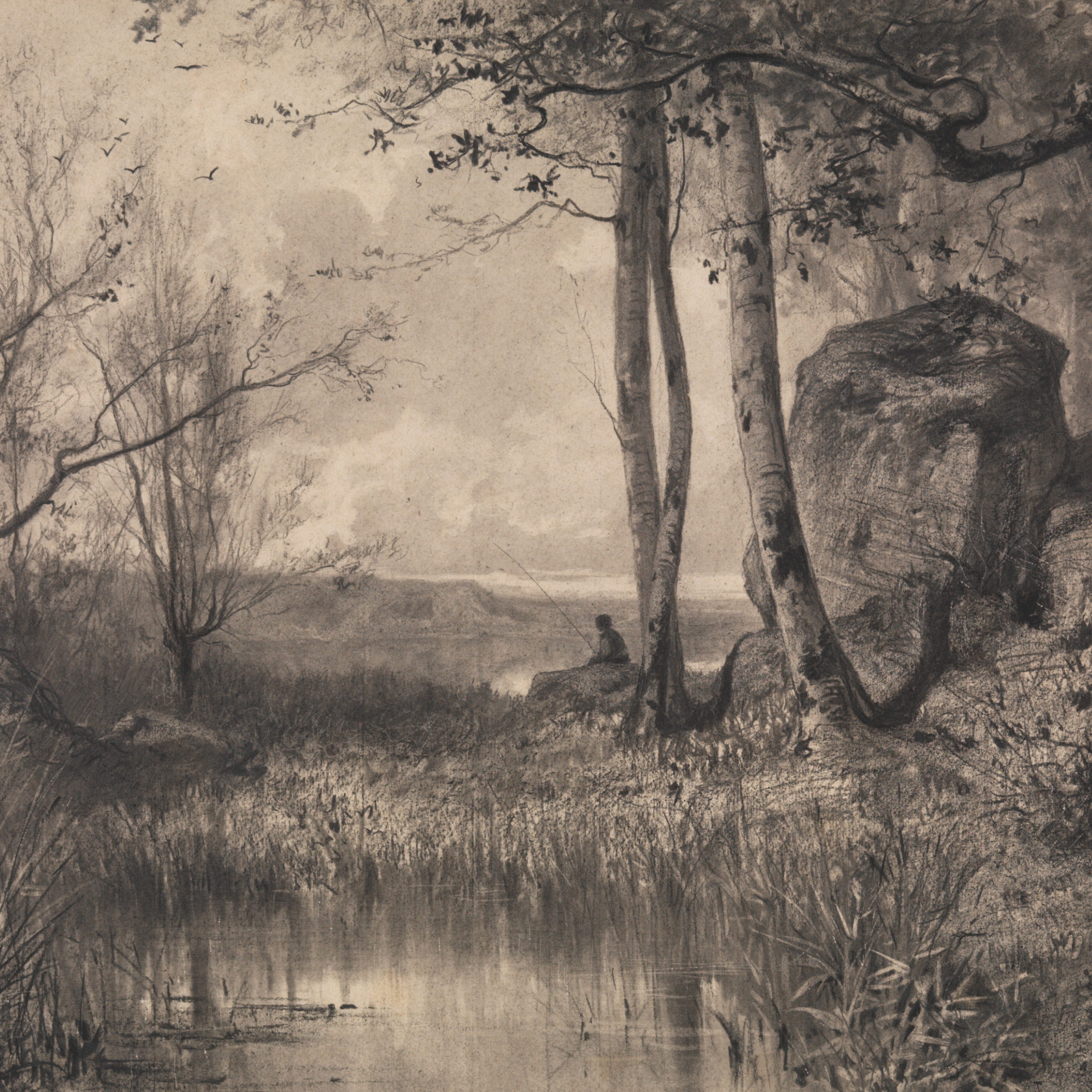 Dark grey and sepia drawing of a landscape with trees, rocks, and a lake in the foreground. A figure sits on the rock in the center of the composition, facing away and looking at the landscape.