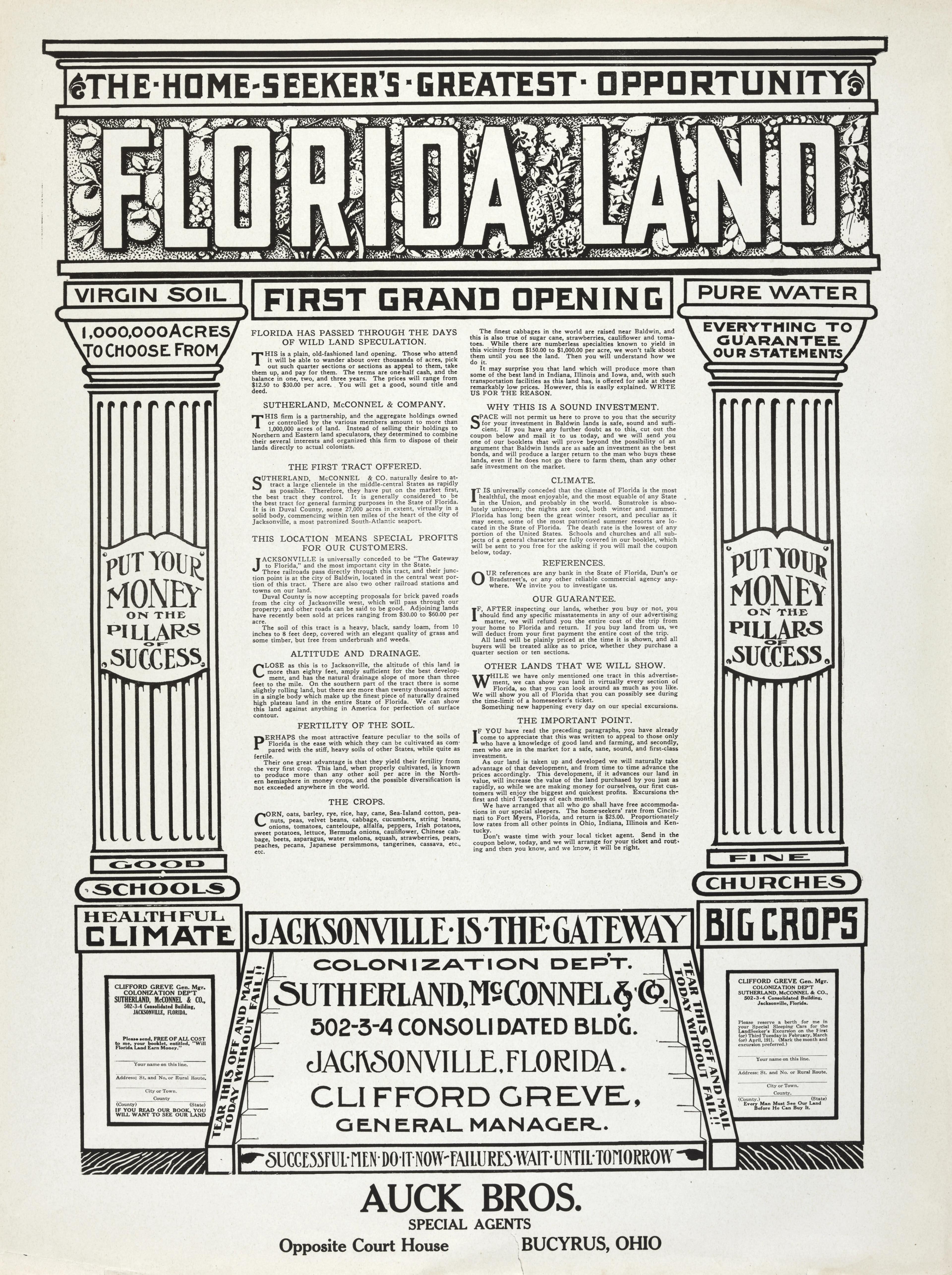 Black-and-white printed advertisement with a bold “Florida Land” header and detailed text columns.