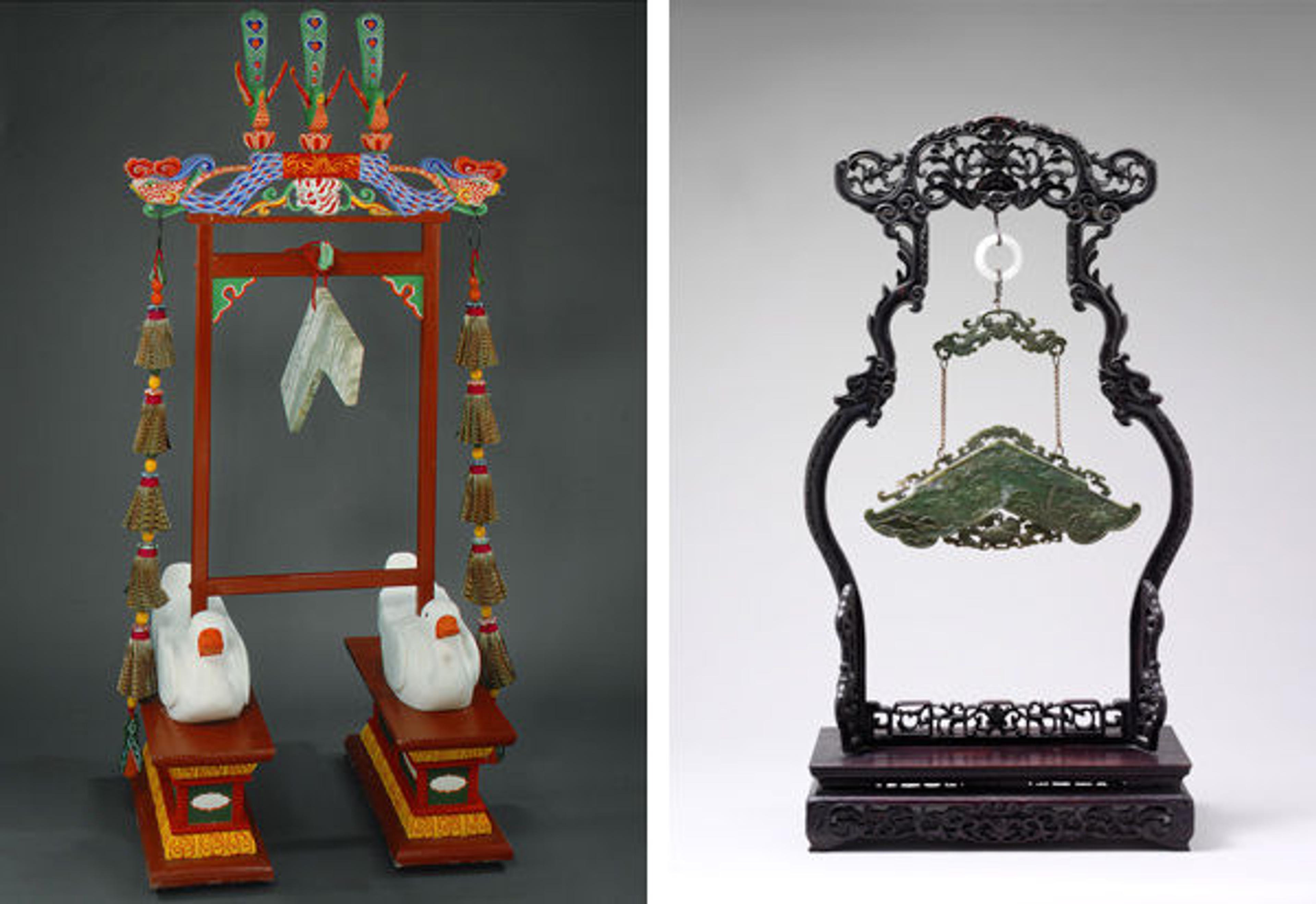Left: T'ukkyong, ca. 1981. Korea. Wood, marble, feather, beads, horn. The Metropolitan Museum of Art, New York, Gift of Korean Cultural Service, 1982 (1982.171.3a-c). Right: Teqing, late 19th century. China. Jade. The Metropolitan Museum of Art, New York, The Crosby Brown Collection of Musical Instruments, 1889 (89.4.1795)