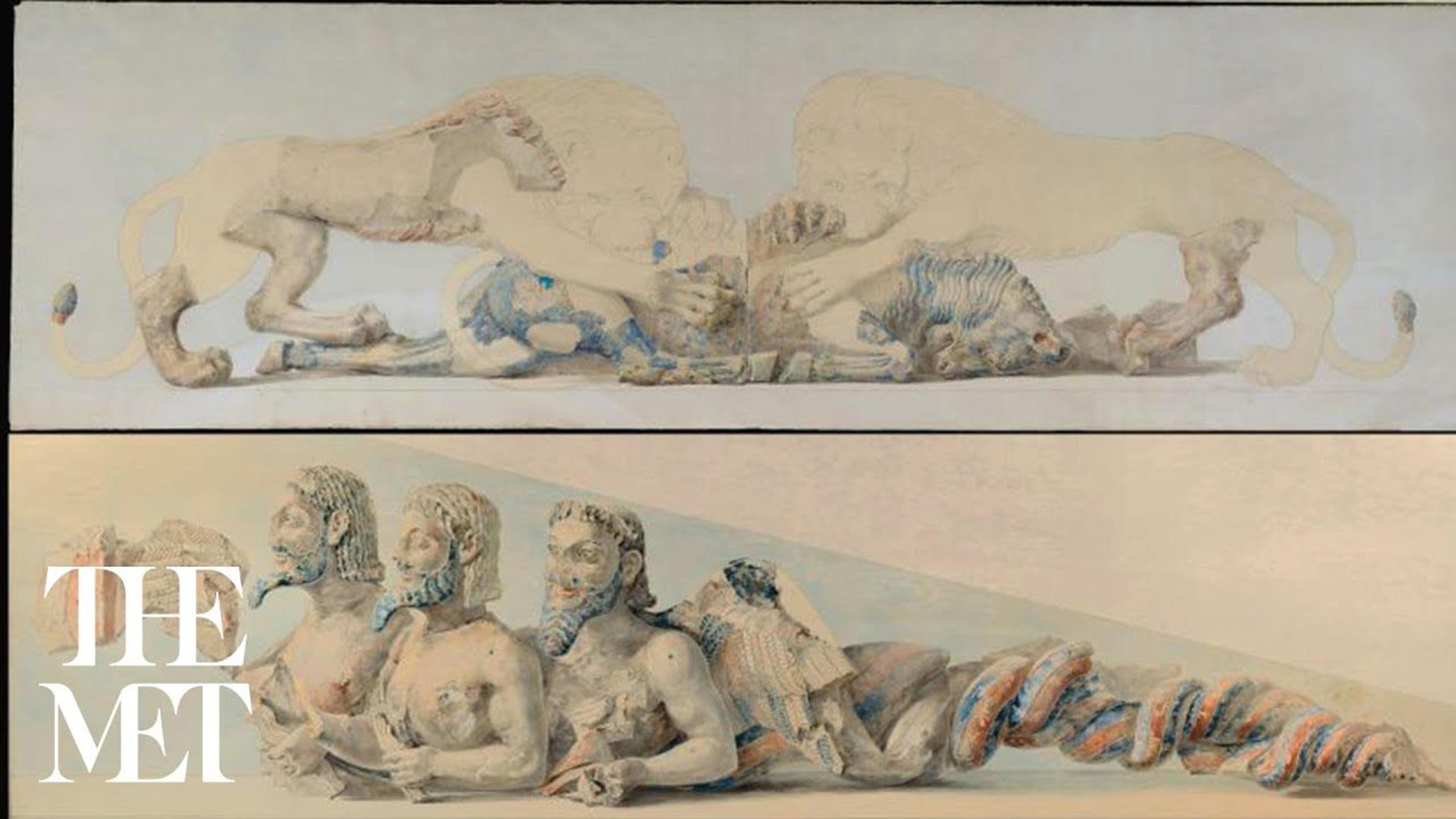 Two watercolors, one depicting two lions savaging a bull and the other depicting a winged three-bodied creature