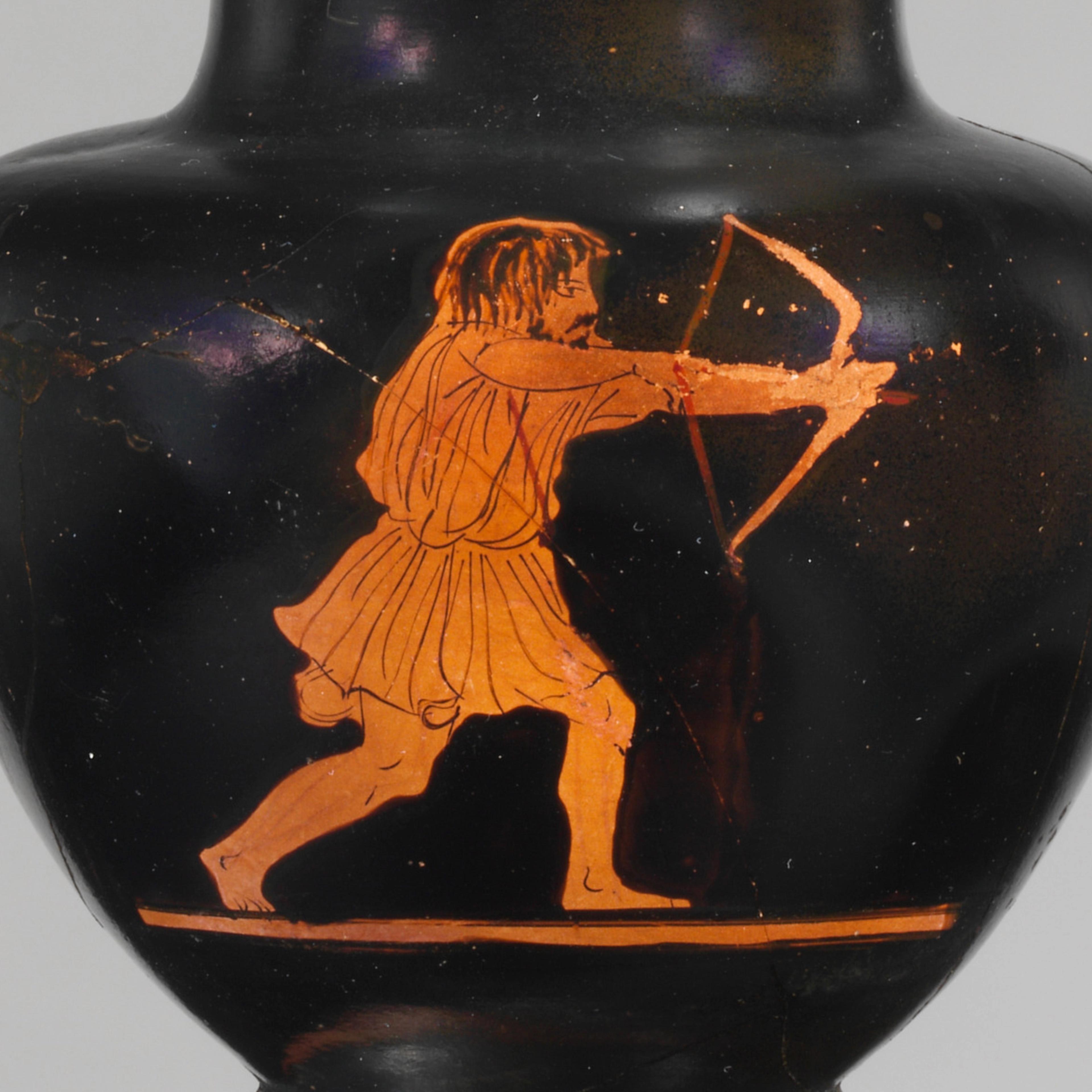 Black jug adorned with a red-figured man with long hair and wearing a tunic, drawing an arrow from a lunge position.