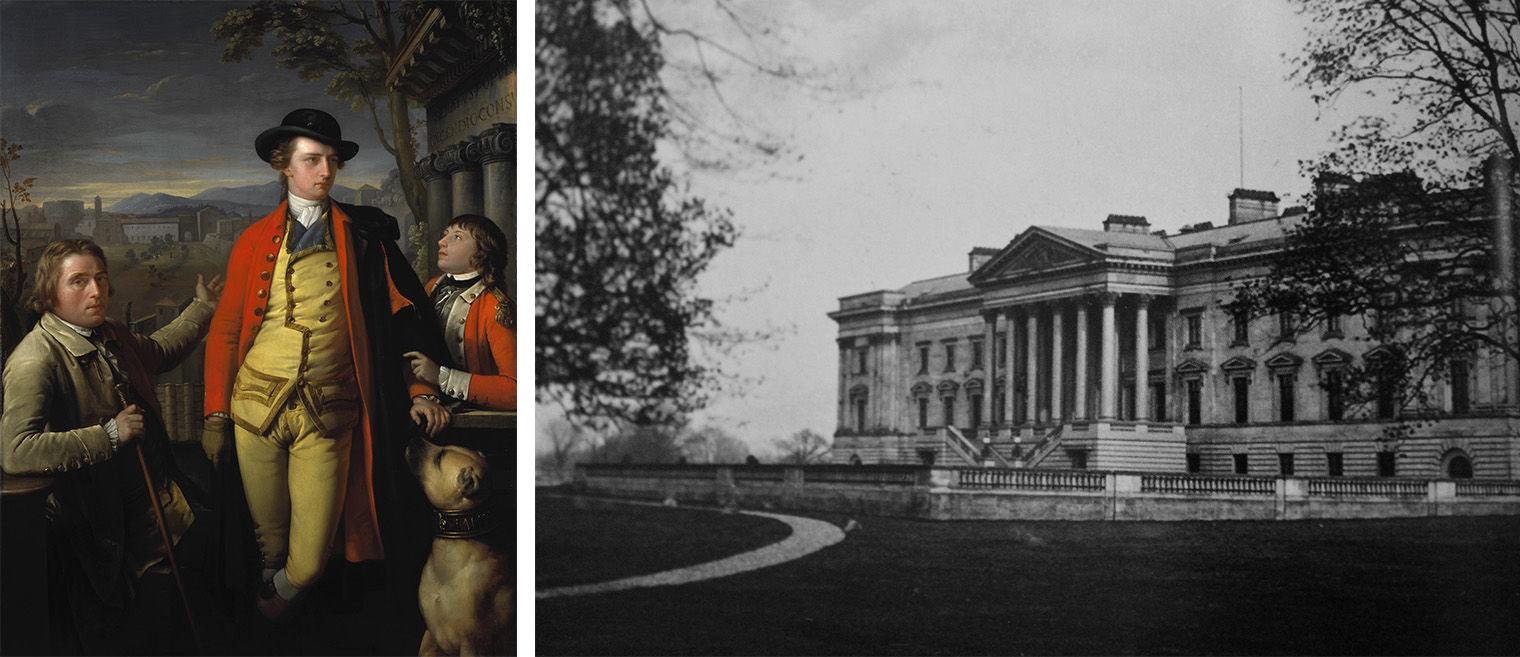 On left: Painting of a man, Douglas Hamilton, dressed in a yellow suit, black and red coat, and black bowlers hat. He is surrounded by two other men and a dog. On Right: A large stone house with tall columns sits on the right side. One the left, is a tree. Between them is a path and lawn.