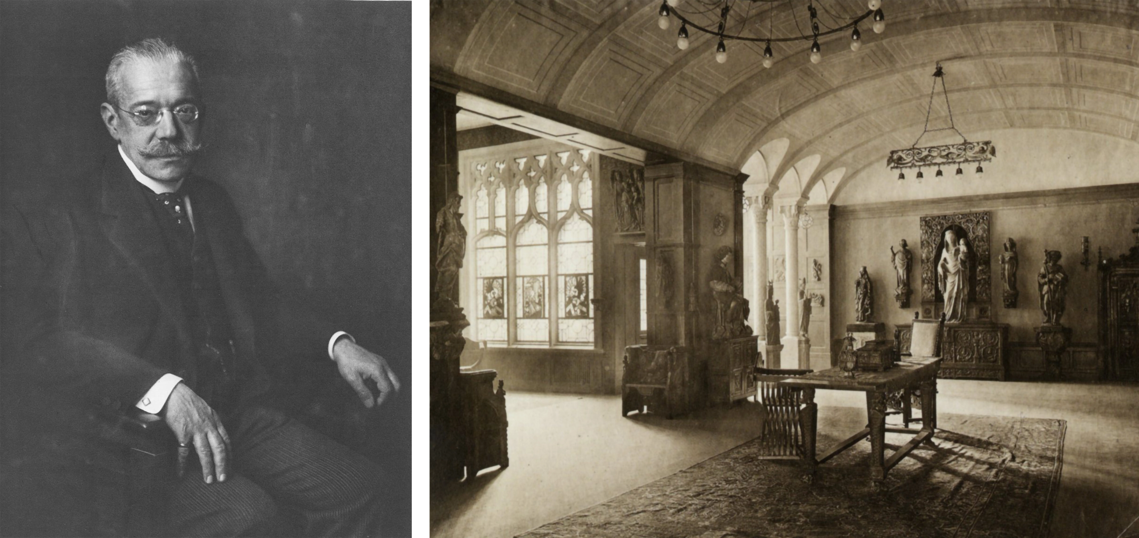 At left, a seated man with a substantial mustache and wearing a suit. At right, a large gallery room with vaulted ceilings, tall sculptures, stained‑glass windows, and ornate furnishings.