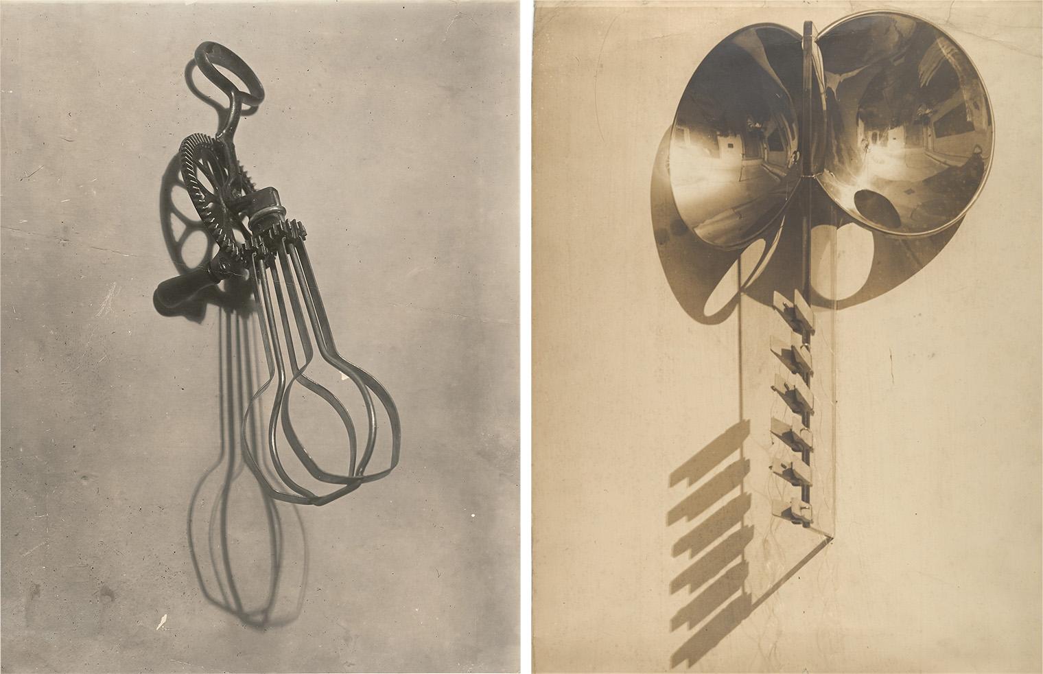 A vintage mixer and two mirrored loudspeakers cast intricate shadows on a smooth, textured surface in sepia tones, creating a nostalgic atmosphere.