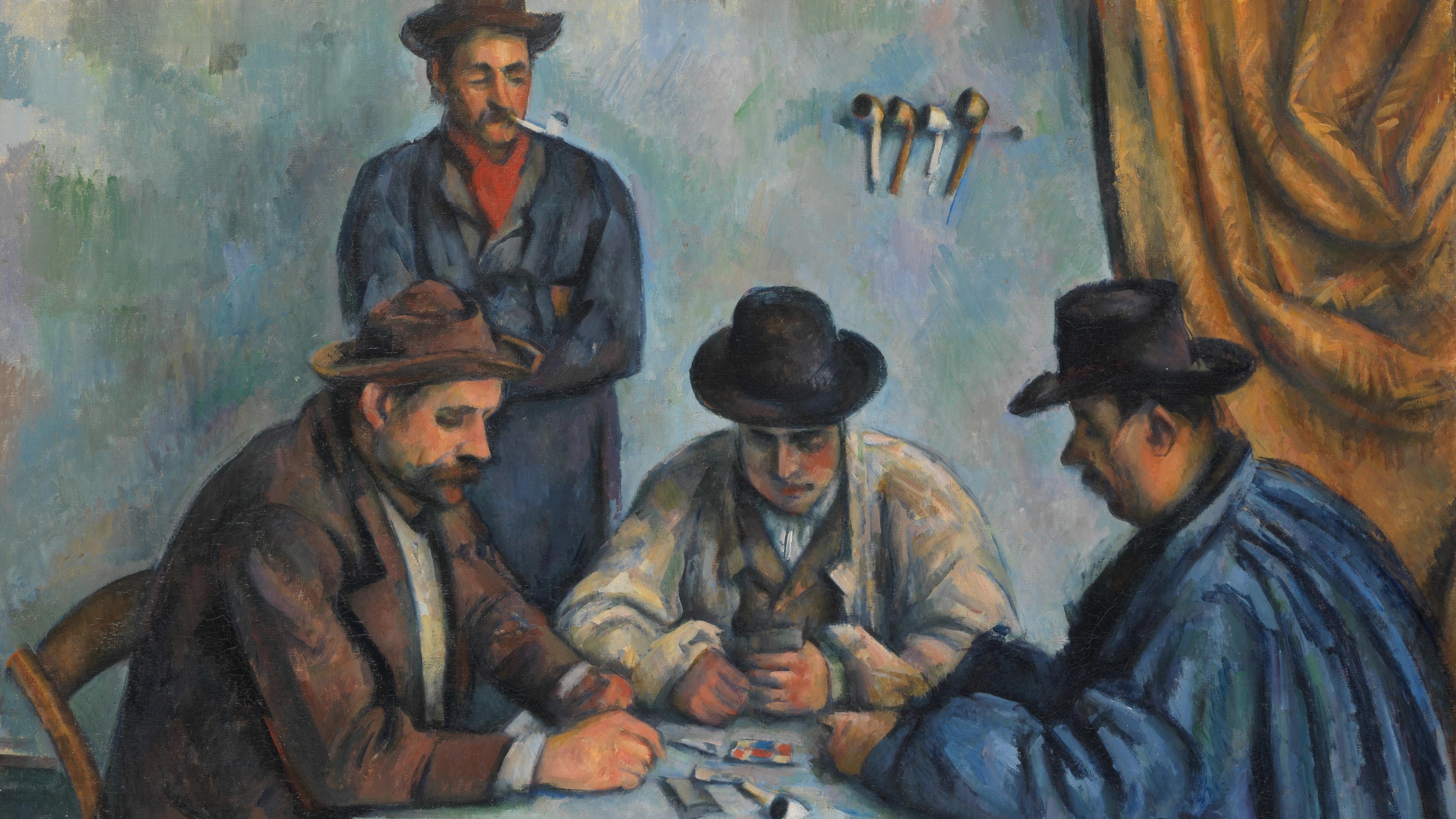 Painting detail showing three men with hats playing cards at a small table, while a fourth man stands behind, watching them play.