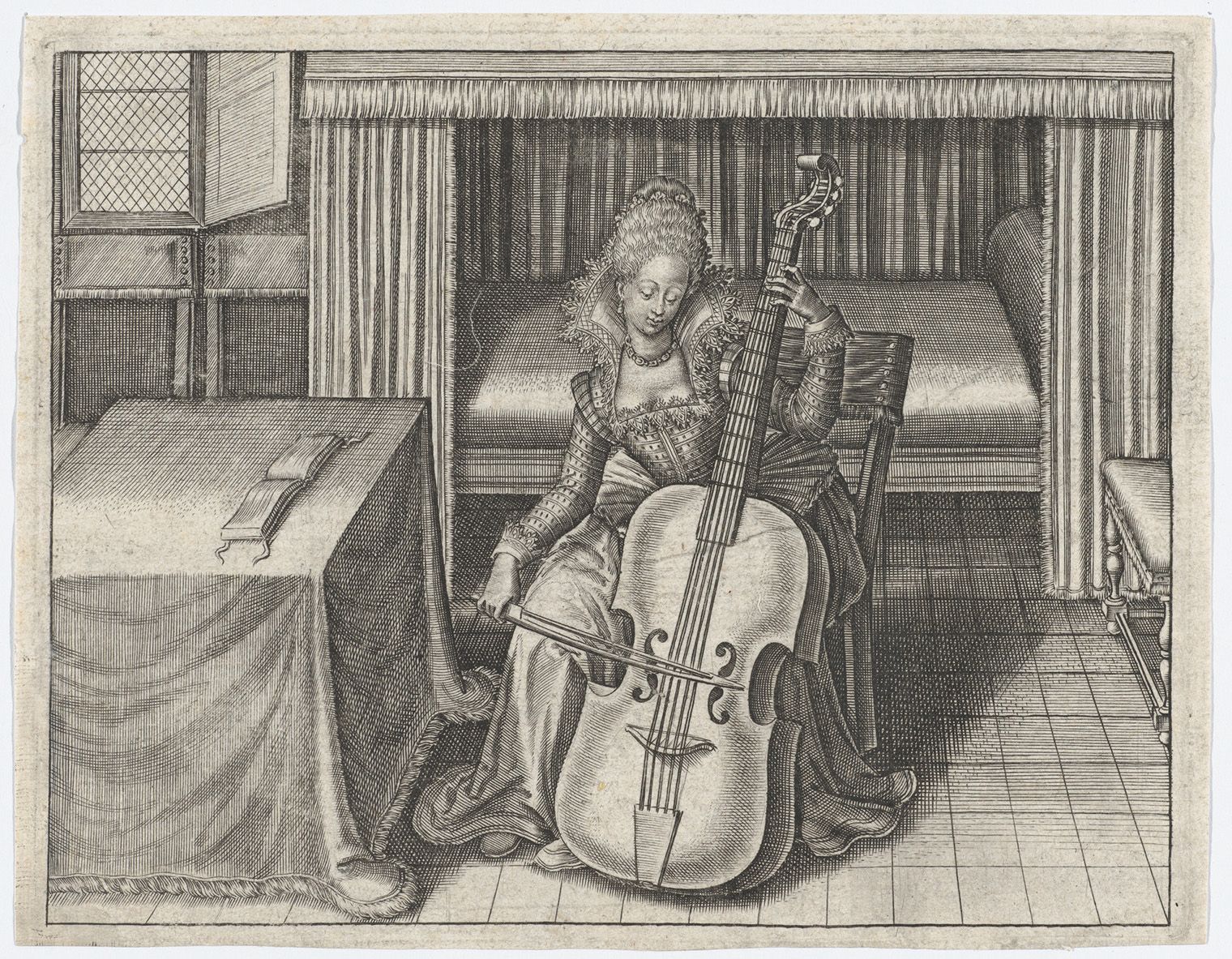A woman in a detailed dress plays a viola da gamba in a room with a curtained bed and a table. The setting is serene and elegant.