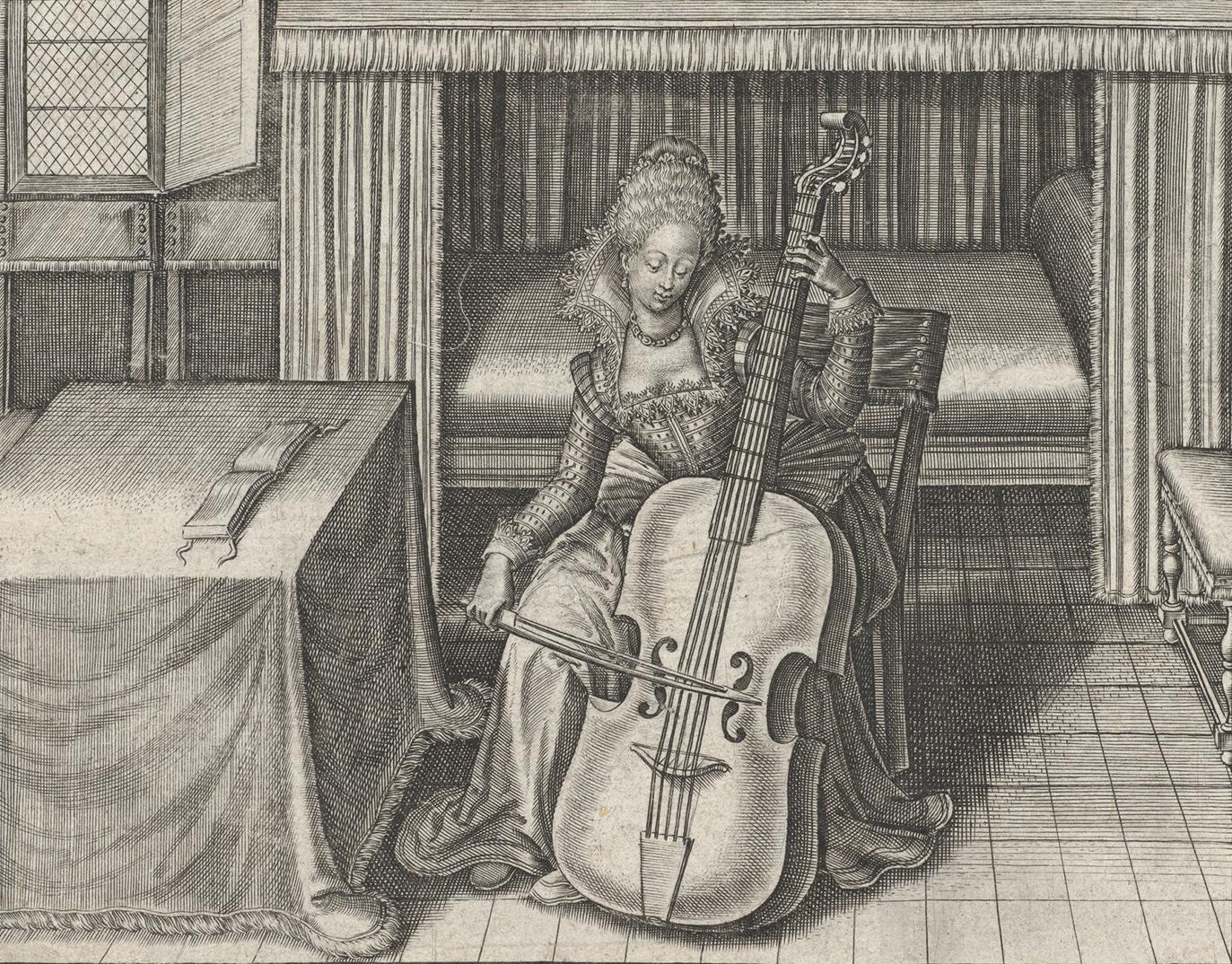 A woman in a detailed dress plays a viola da gamba in a room with a curtained bed and a table. The setting is serene and elegant.