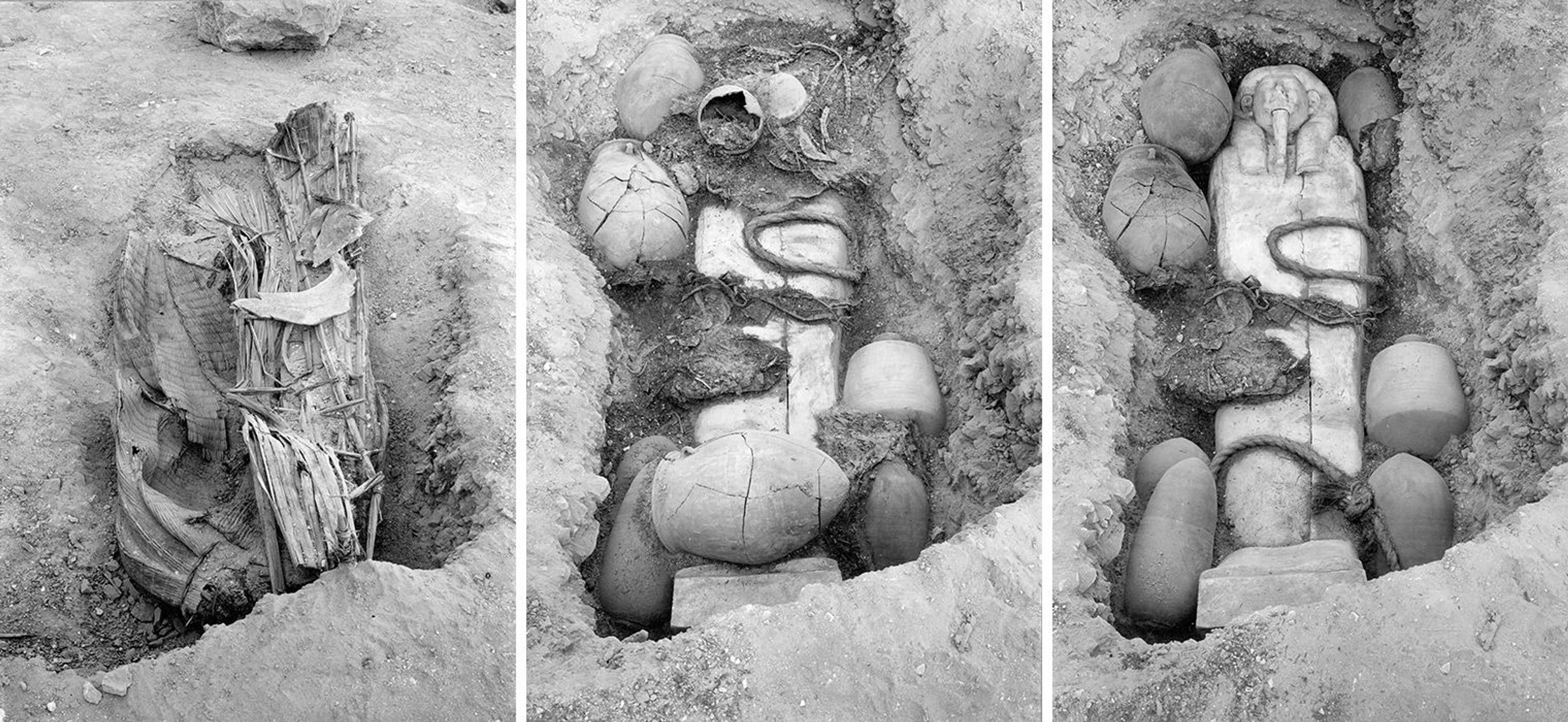 Three black and white photographs showing a pit in the desert with artifacts inside: on the left the objects are covered with a mat; in the center and left an anthropoid coffin and large jars can be seen