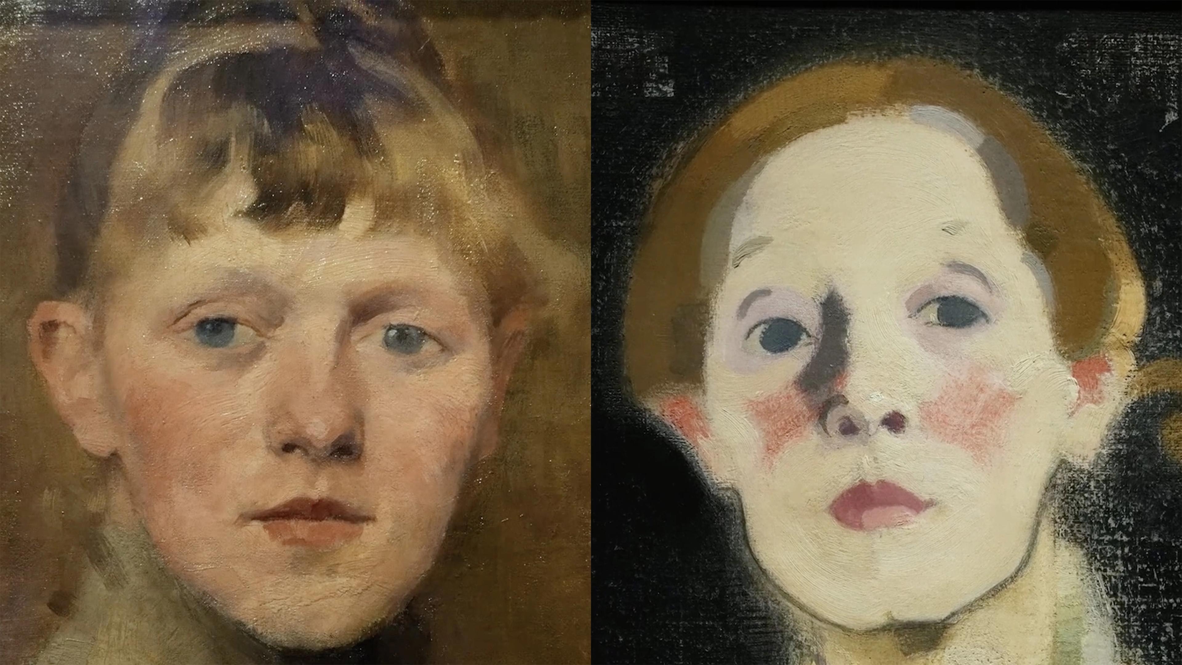 Two portraits placed side by side: one realistic painting of a woman and one pale, stylized painting with softer features.