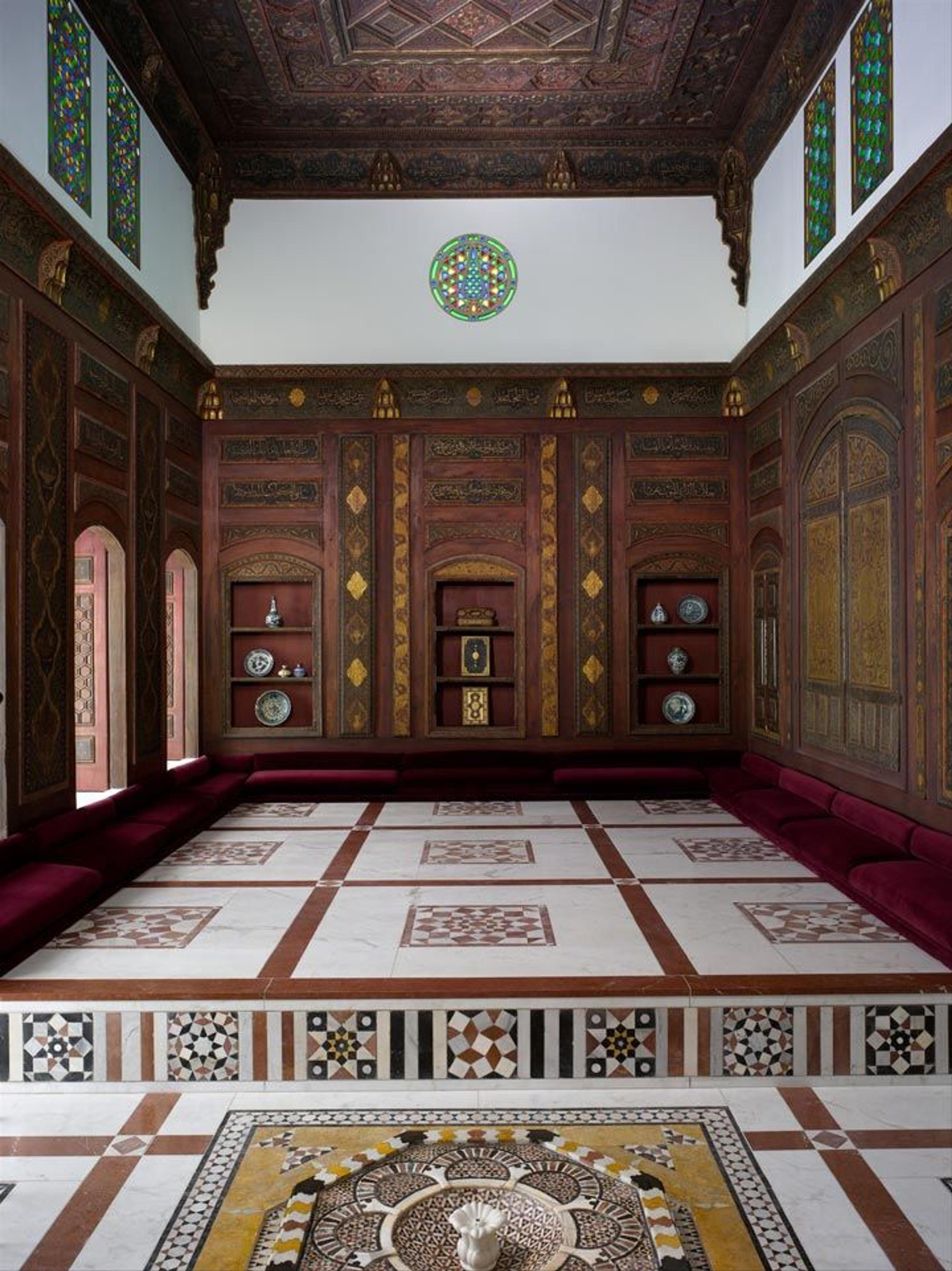 The Met's Damascus Room, featuring wood (poplar) with gesso relief, gold and tin leaf, glazes and paint; wood (cypress, poplar, and mulberry), mother-of-pearl, marble and other stones, stucco with glass, plaster ceramic tiles, iron, brass