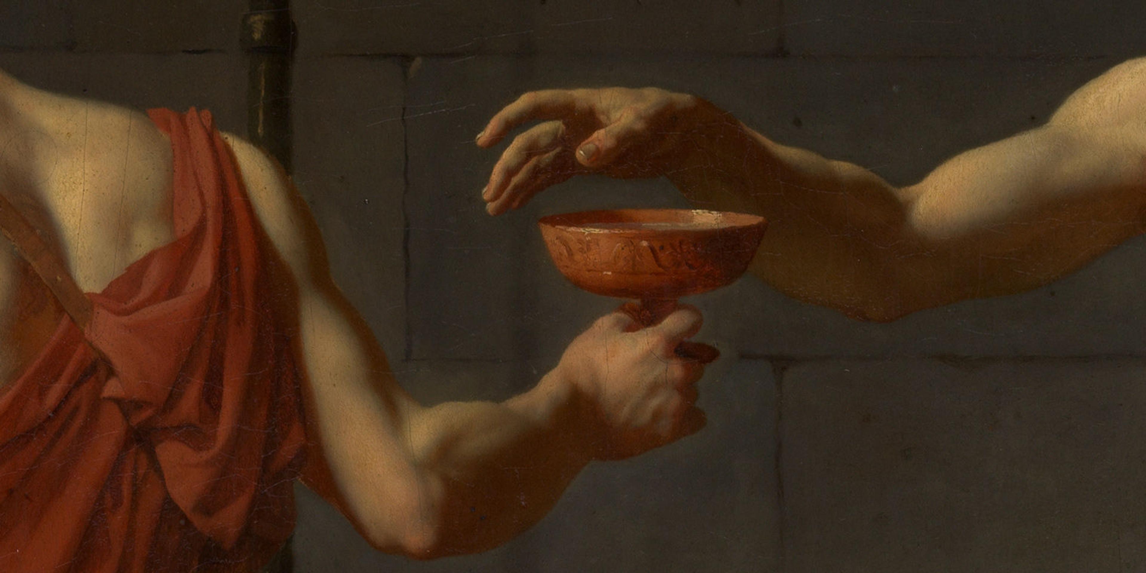 Detail of Jacques Louis David's "Death of Socrates" showing two male arms around a chalice