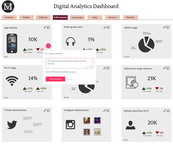 Screenshot of the interactive mock-up of the dashboard with comments from staff members