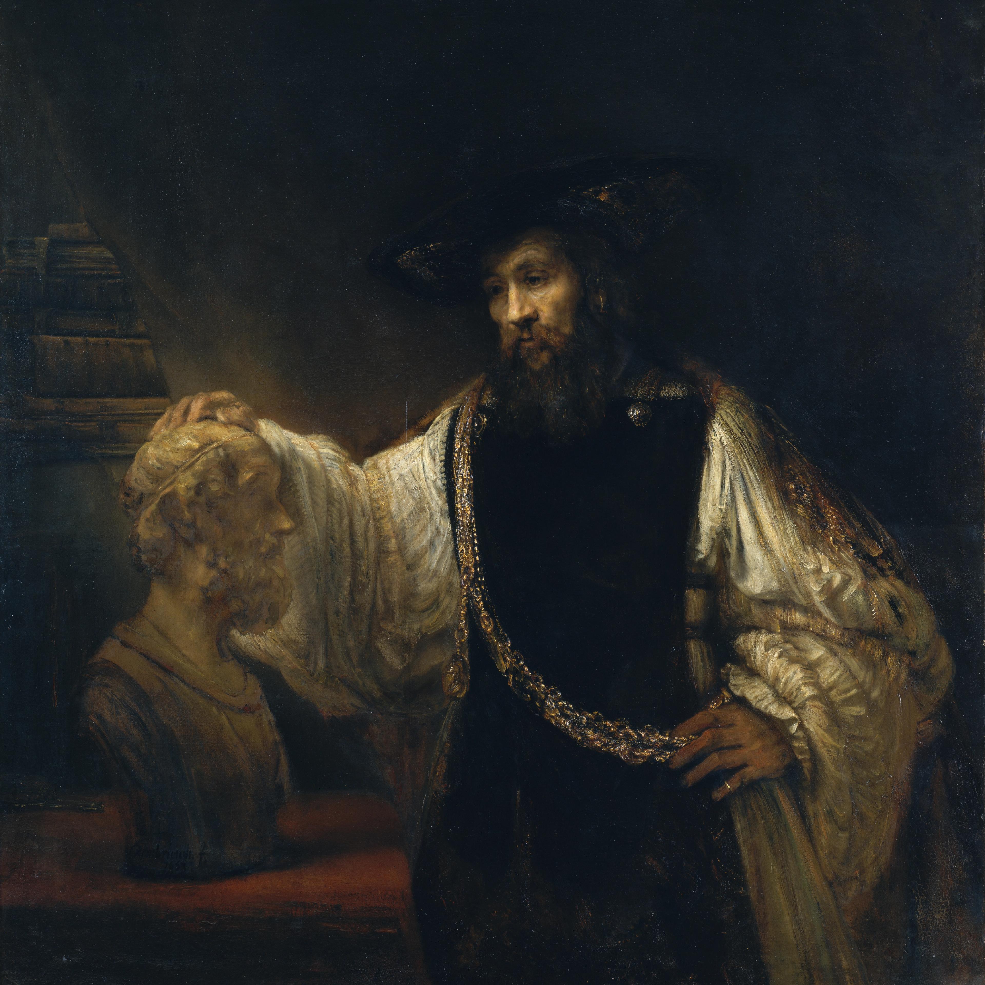 A portrait of a bearded man in robes holding the bust of a male figure