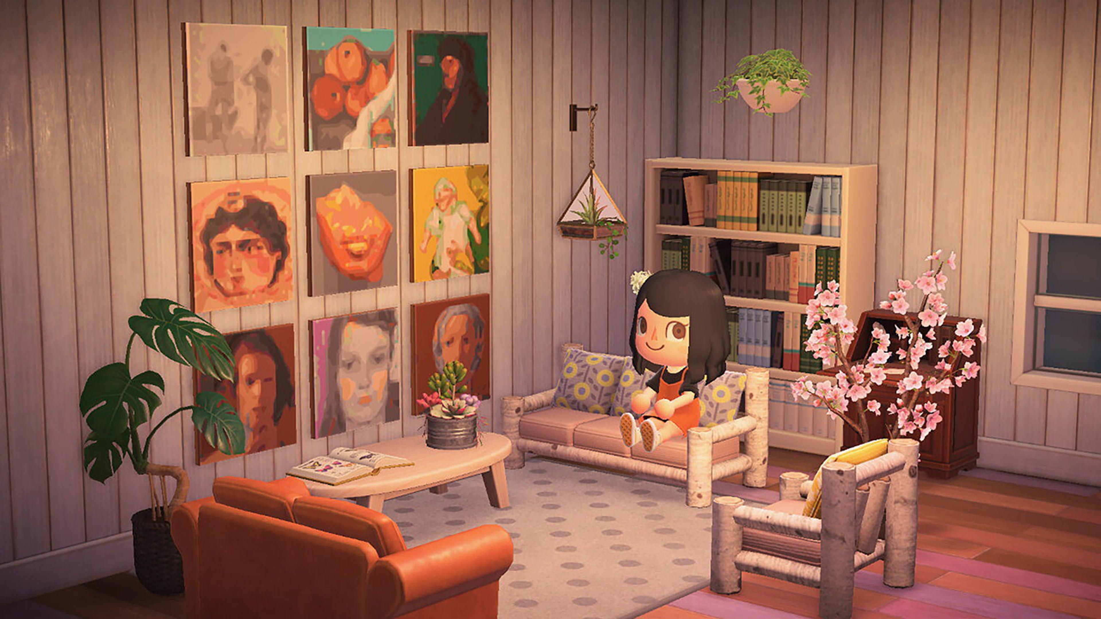 A screenshot from Animal Crossing depicting a living room filled with art