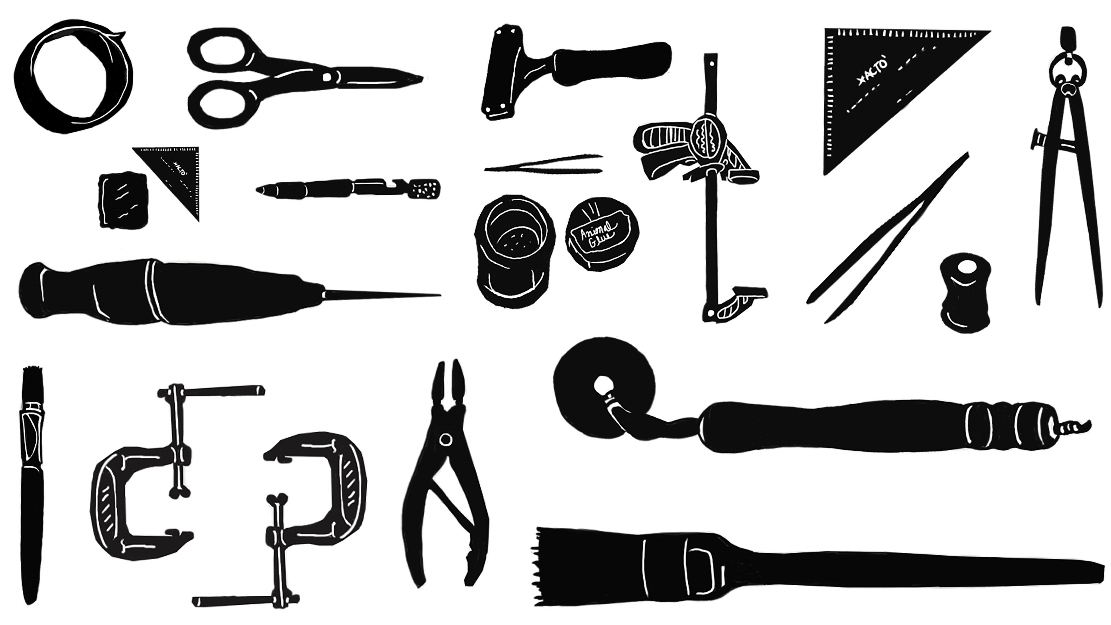 A black and white illustration of an arrangement of conservation tools shown as silhouettes against a light background.