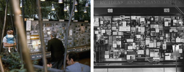 Diptych showing two installations of computer-based exhibitions by Eames