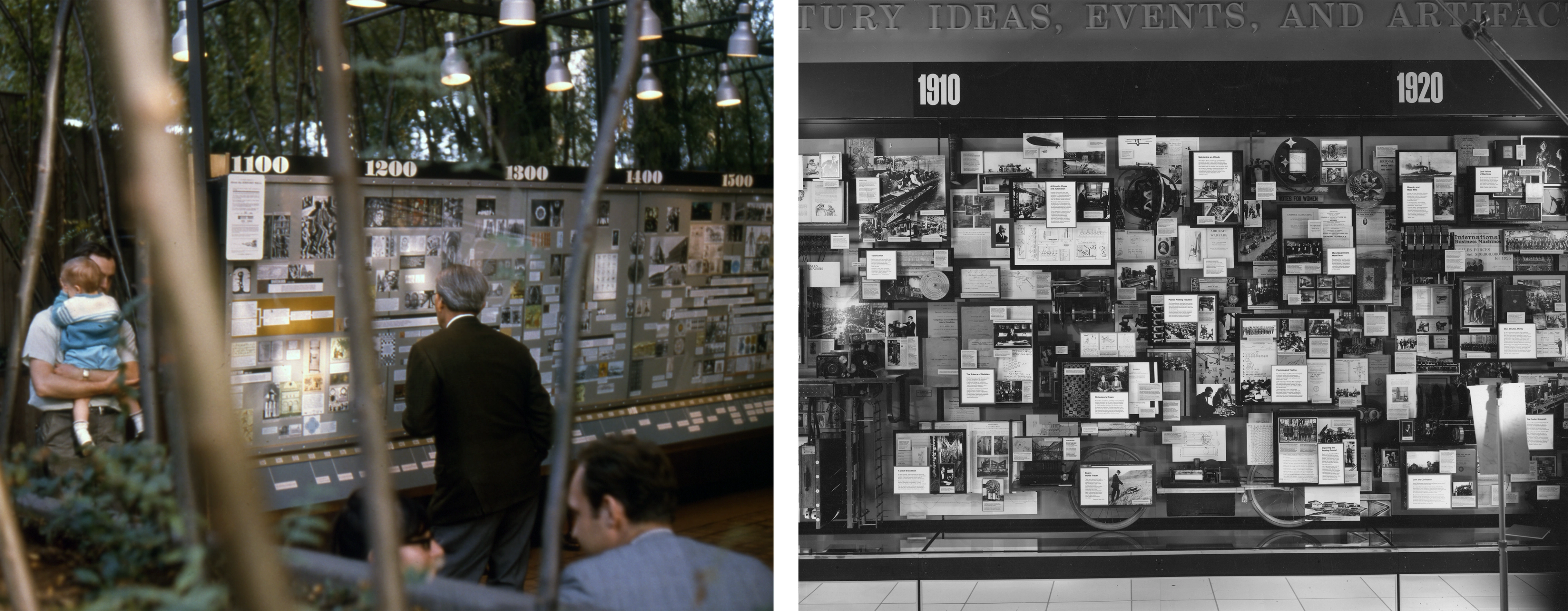 Diptych showing two installations of computer-based exhibitions by Eames