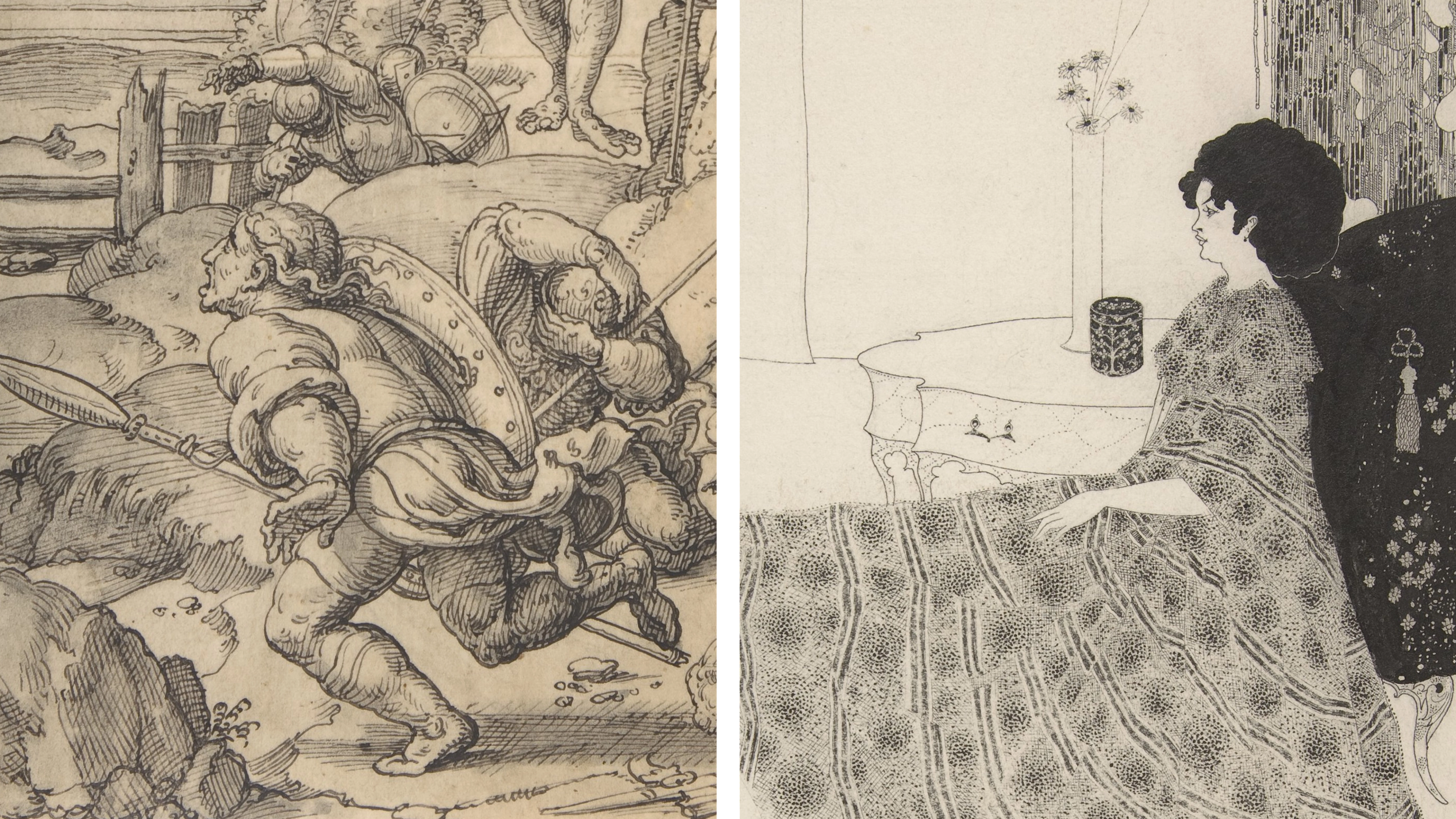 Left: an ink drawing of a Roman soldier running down a path. Right: a stylized profile drawing of a woman in an elegant dress seated beside a long vase and a smaller ornate vessel.