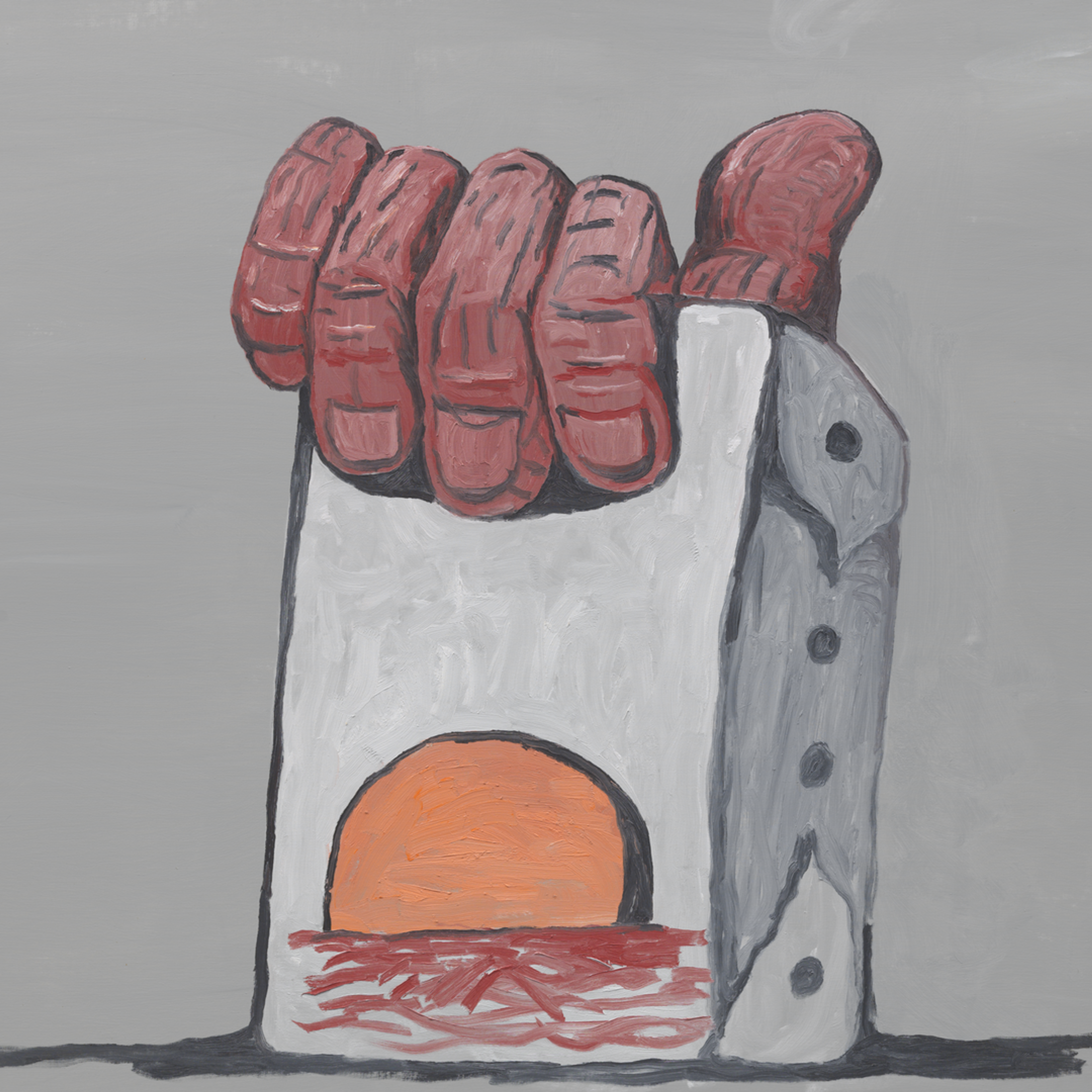 Painting by Phillip Guston of a one-eyed person laying in bed smoking a cigarette with a clock in the background.