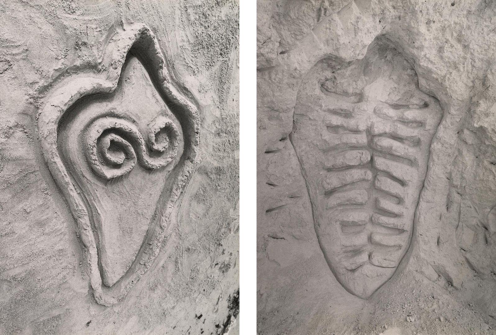 Two pictograms carved by the artist Ana Mendieta into the wall of a cave in Cuba