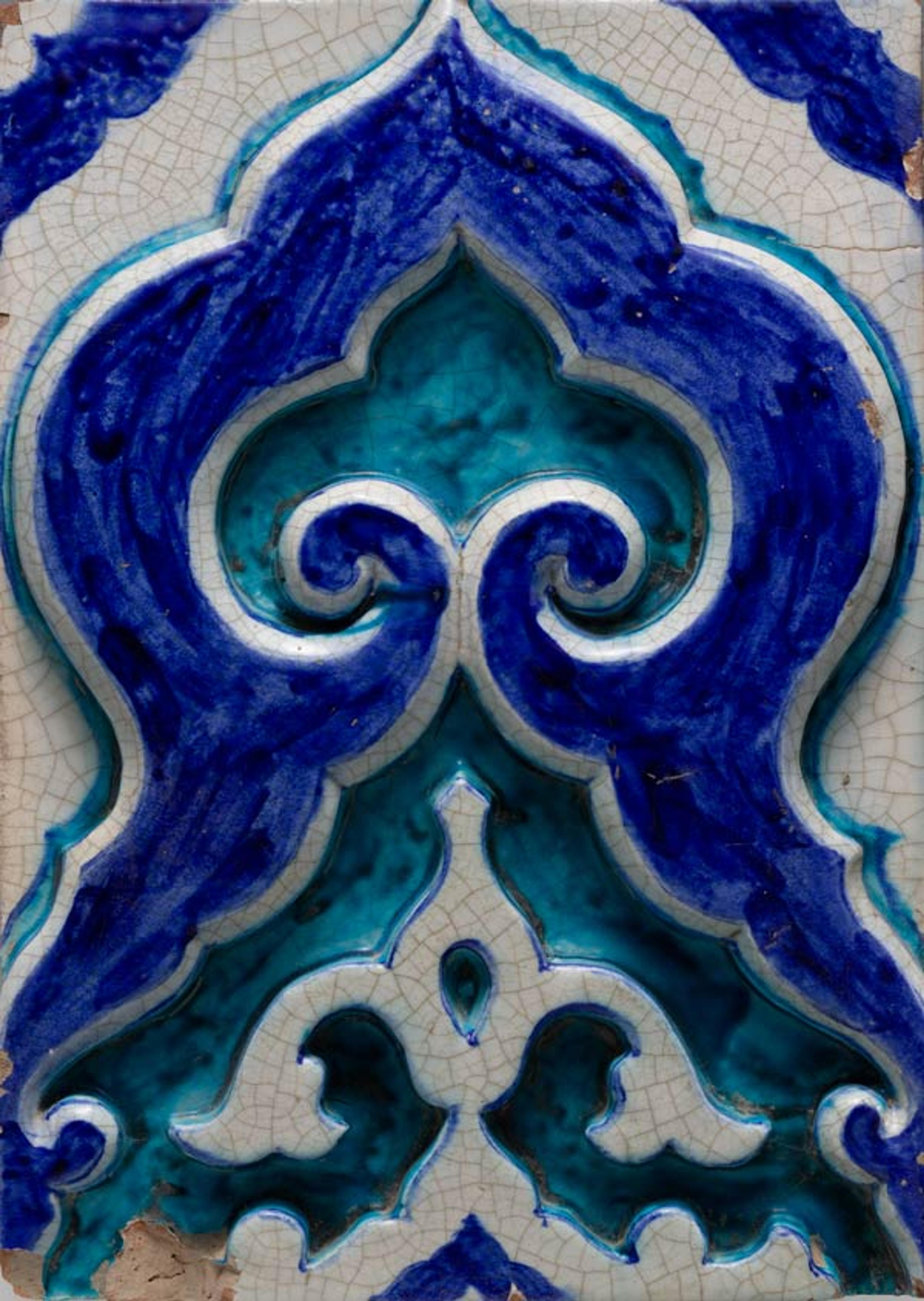 Tile, 18th century. Present-day Pakistan, Multan. Earthenware; molded decoration and glazed; 14 1/2 x 10 1/4 x 2 in. (36.8 x 26 x 5.1 cm). The Metropolitan Museum of Art, New York, Purchase, Friends of Islamic Art Gifts, 2007