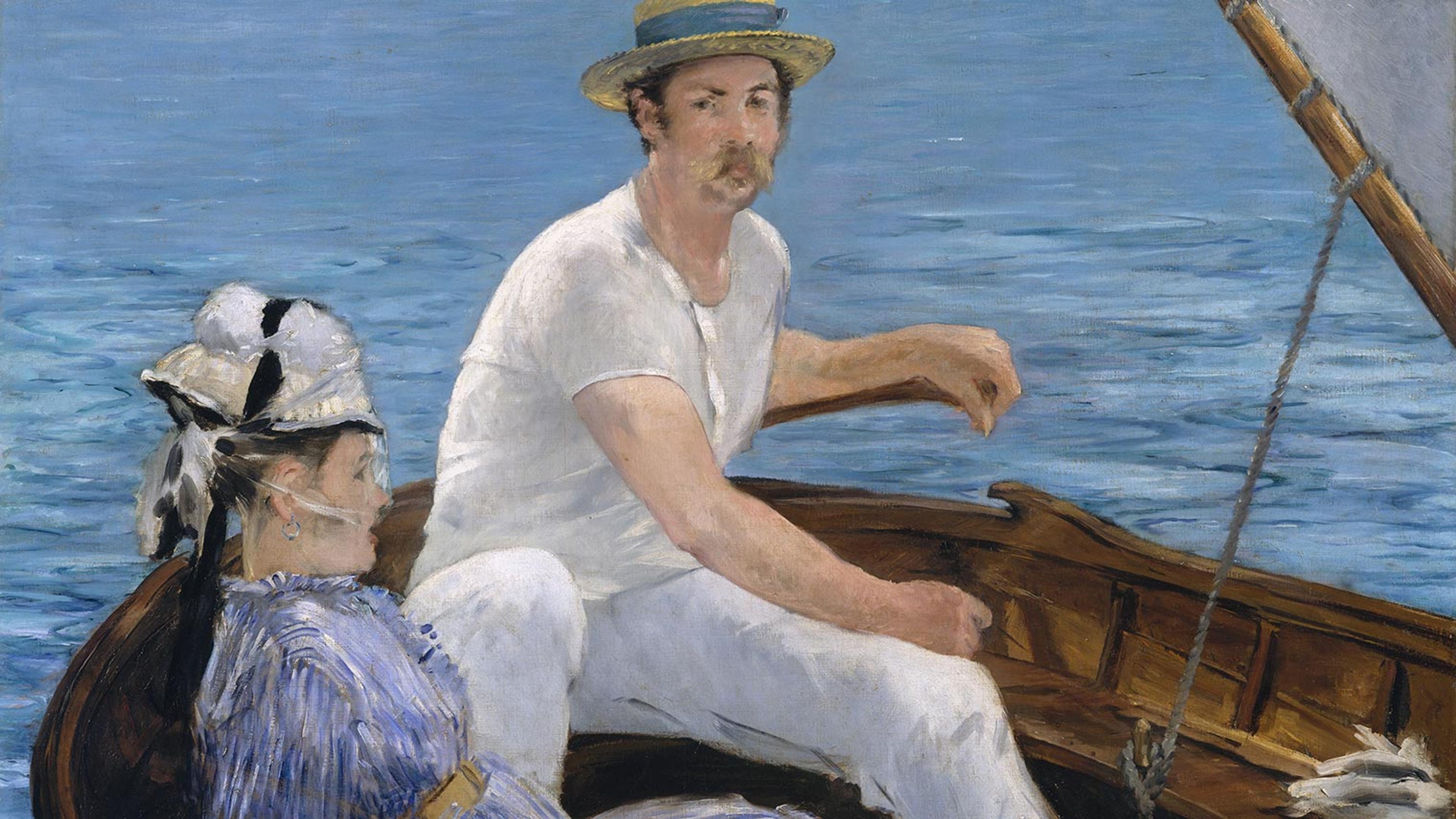 A painting of a man and woman boating