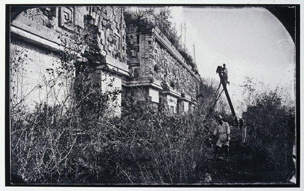 Augustus Le Plongeon photographing the ruins of Uxmal on a ladder. Photograph by Alice Dixon LePlongeon, ca. 1873. Getty Research Institute (2004.M.18-b15.18)