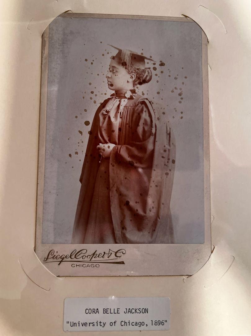 Vintage 1896 portrait of Cora Belle Jackson, the first Black graduate of the University of Chicago, in graduation gown