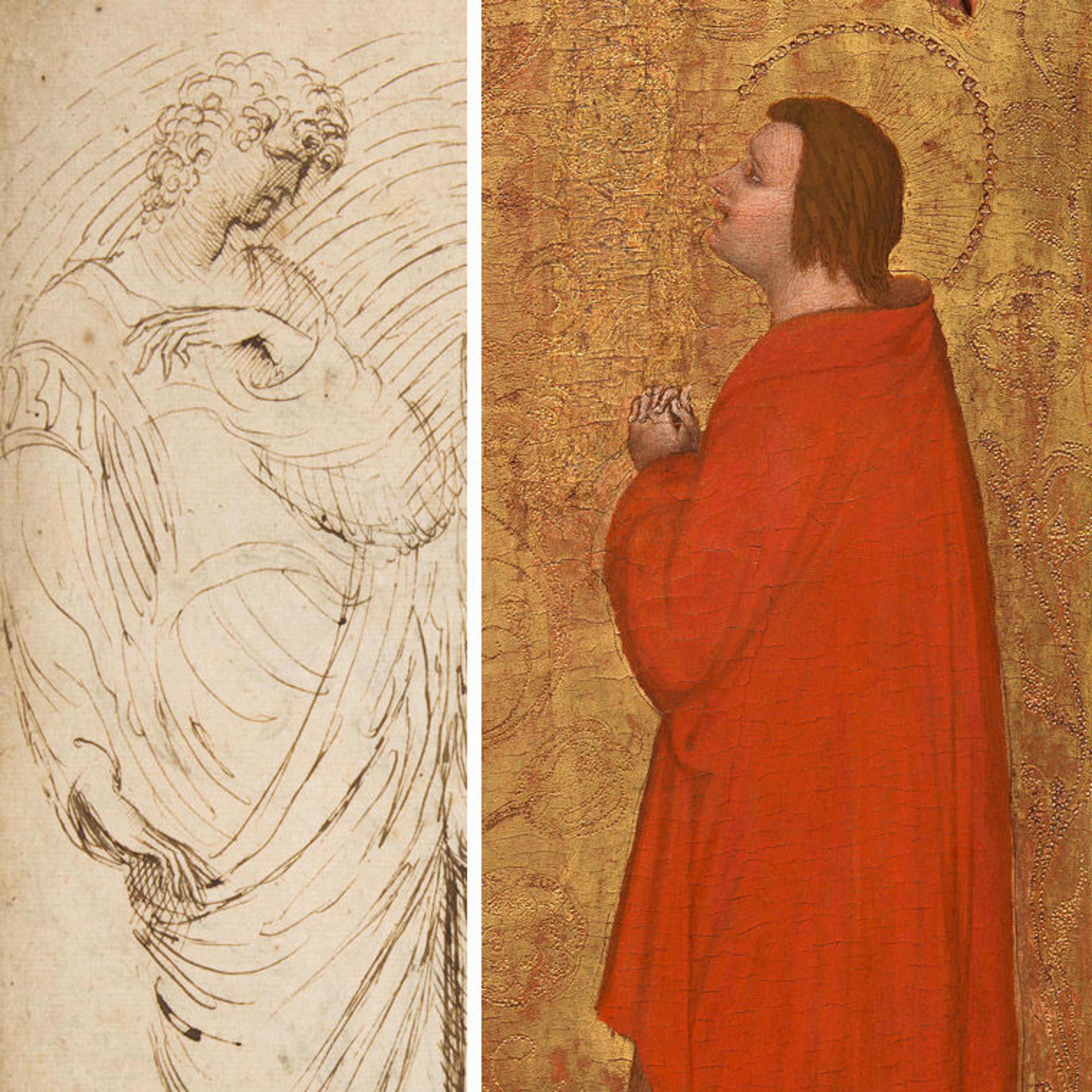 A delicate sketch of a figure with curly hair in a flowing garment is contrasted with a richly colored figure in a red robe against a gold background.
