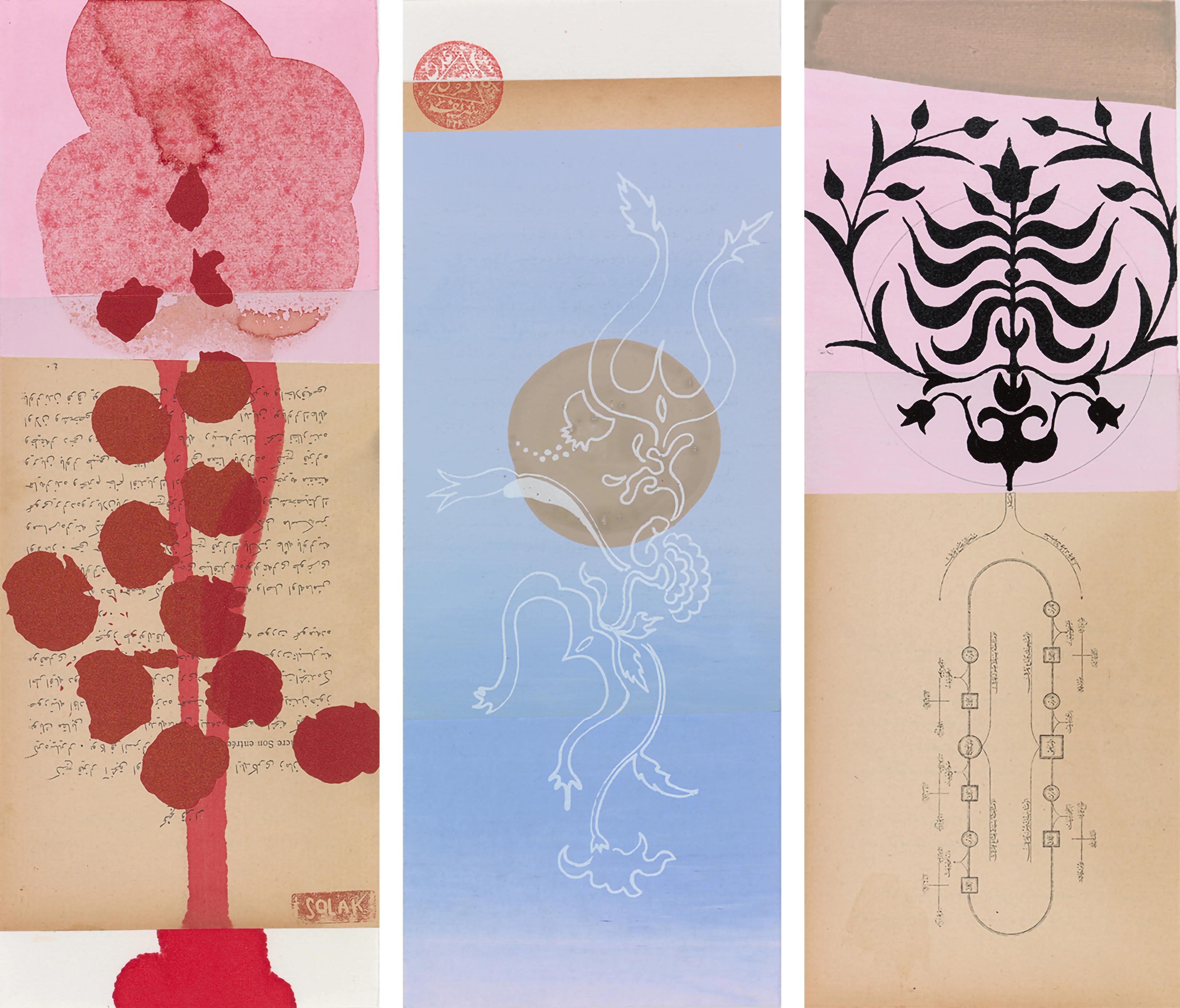 Triptych of folios from Peter Hristoff's Gorgu Kurallari (Bahname). The folios, in shades of blues, browns, pinks, and reds, compile floral motifs, text and diagrams, and abstract designs.