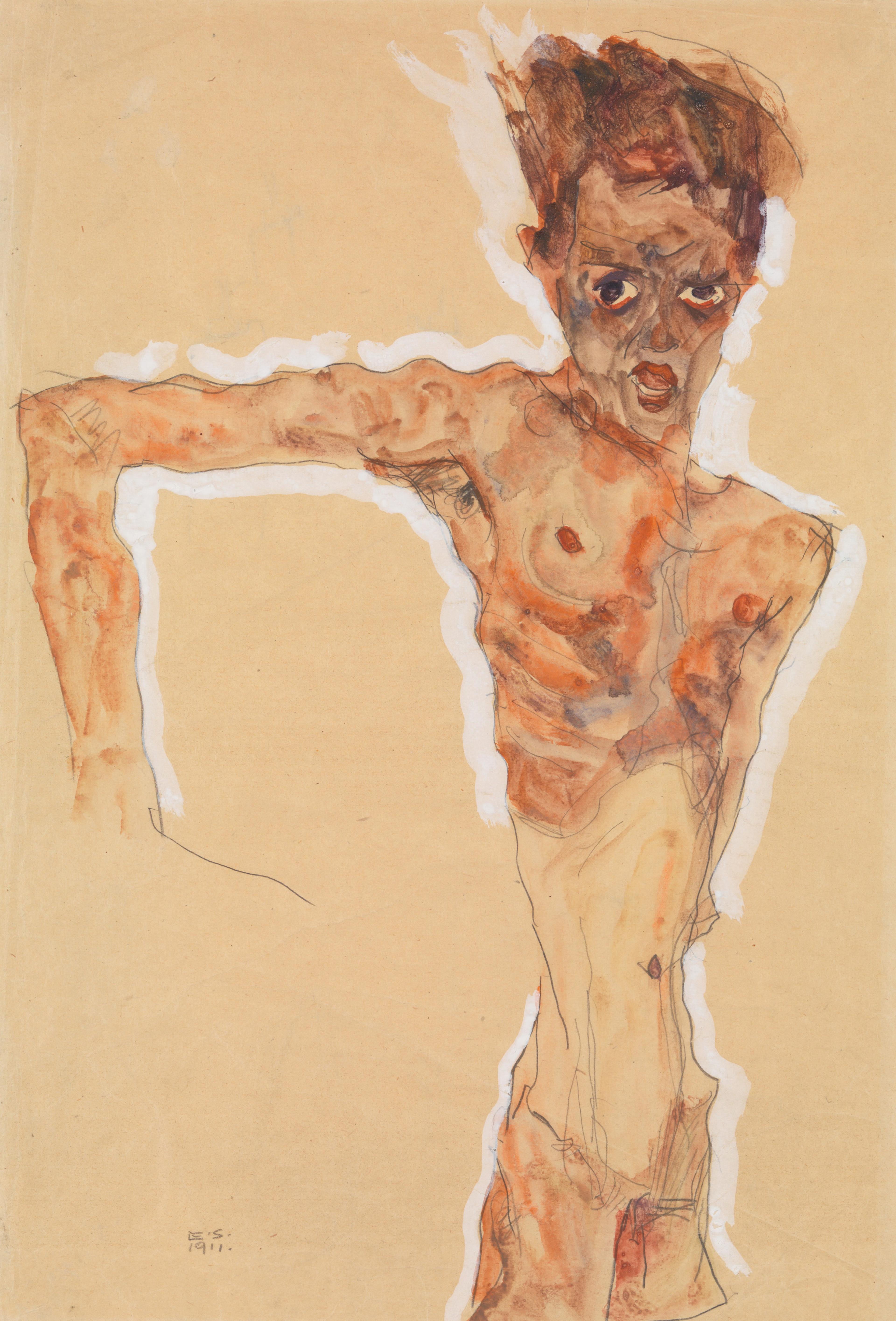 Expressionistic drawing of a thin, nude figure with angular limbs and large dark eyes, rendered in rough brown and orange lines against a plain beige background.