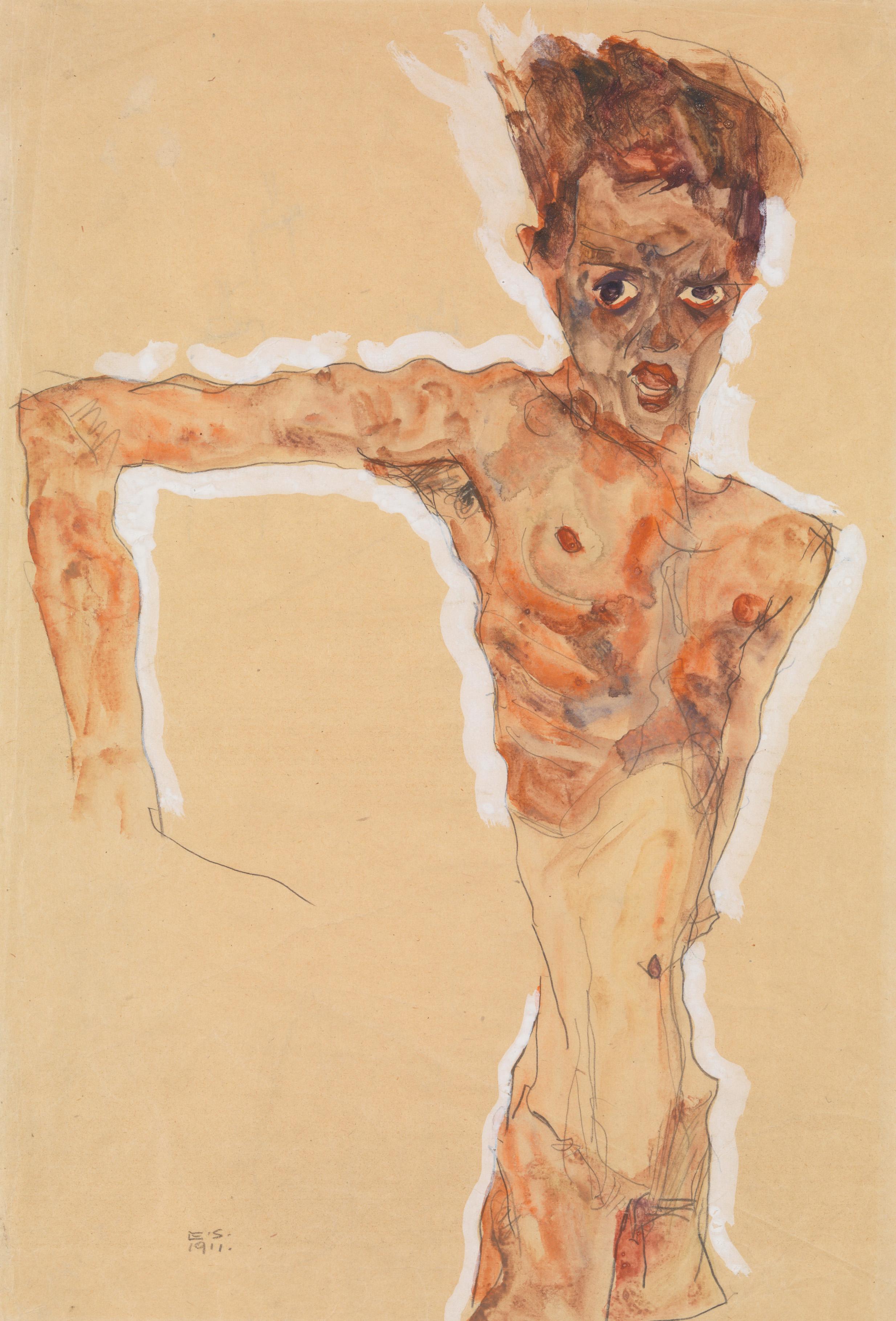 Expressionistic drawing of a thin, nude figure with angular limbs and large dark eyes, rendered in rough brown and orange lines against a plain beige background.