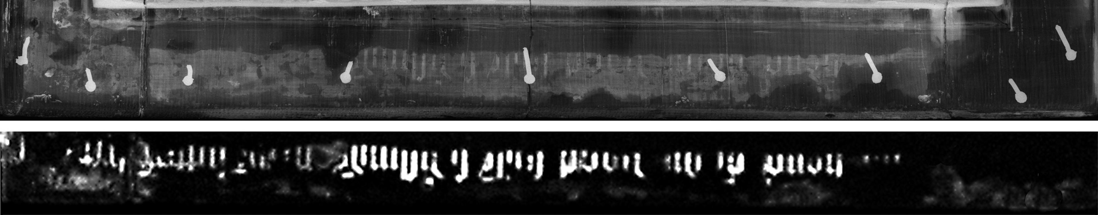Top: Detail of an X-radiograph image of Jan van Eyck's frame from "The Last Judgment." Bottom: Detail of the lead distribution map acquired by macro-XRF in the "Last Judgment" frame 