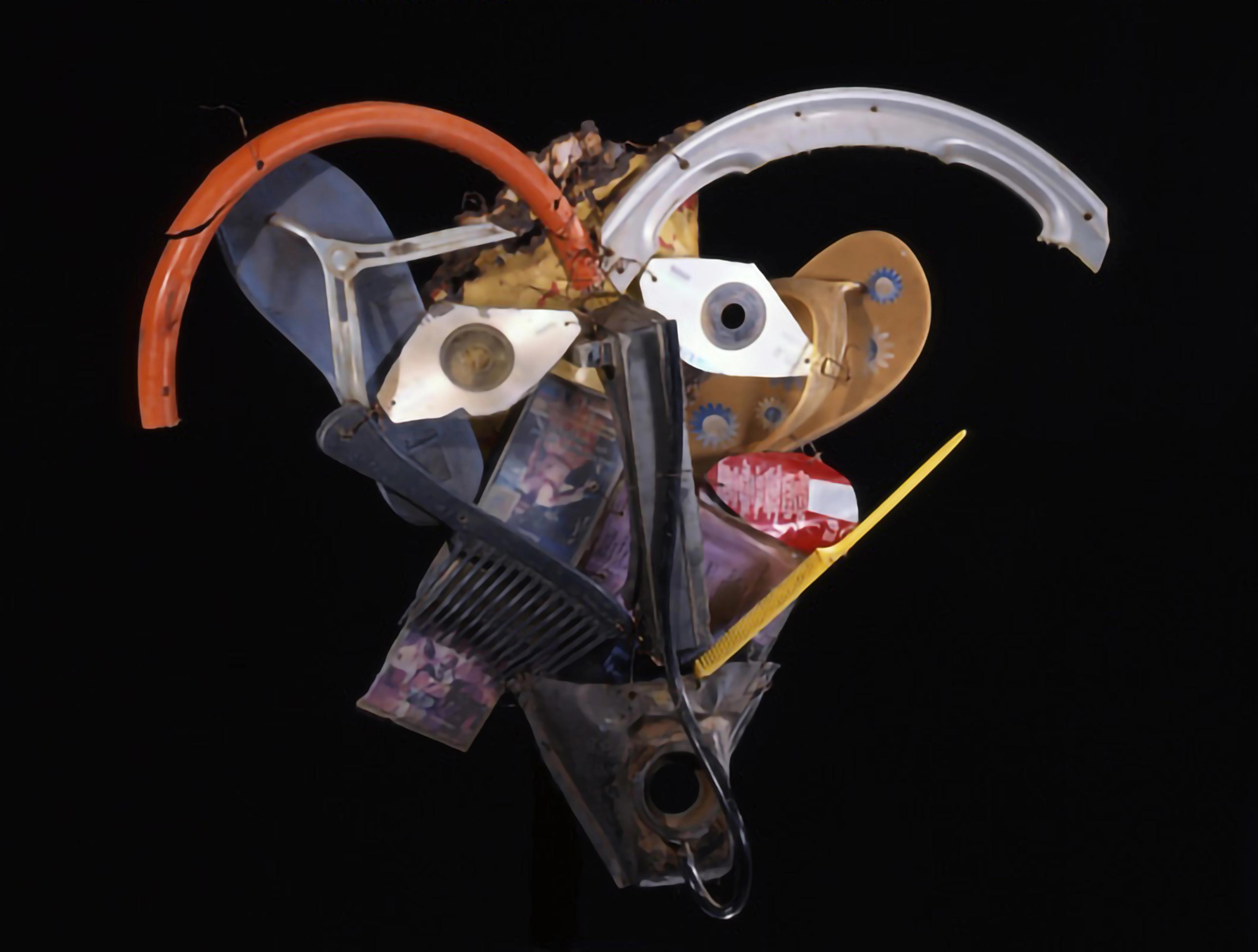Whimsical mask made of materials including flip flops, a comb, and parts of a jerrican