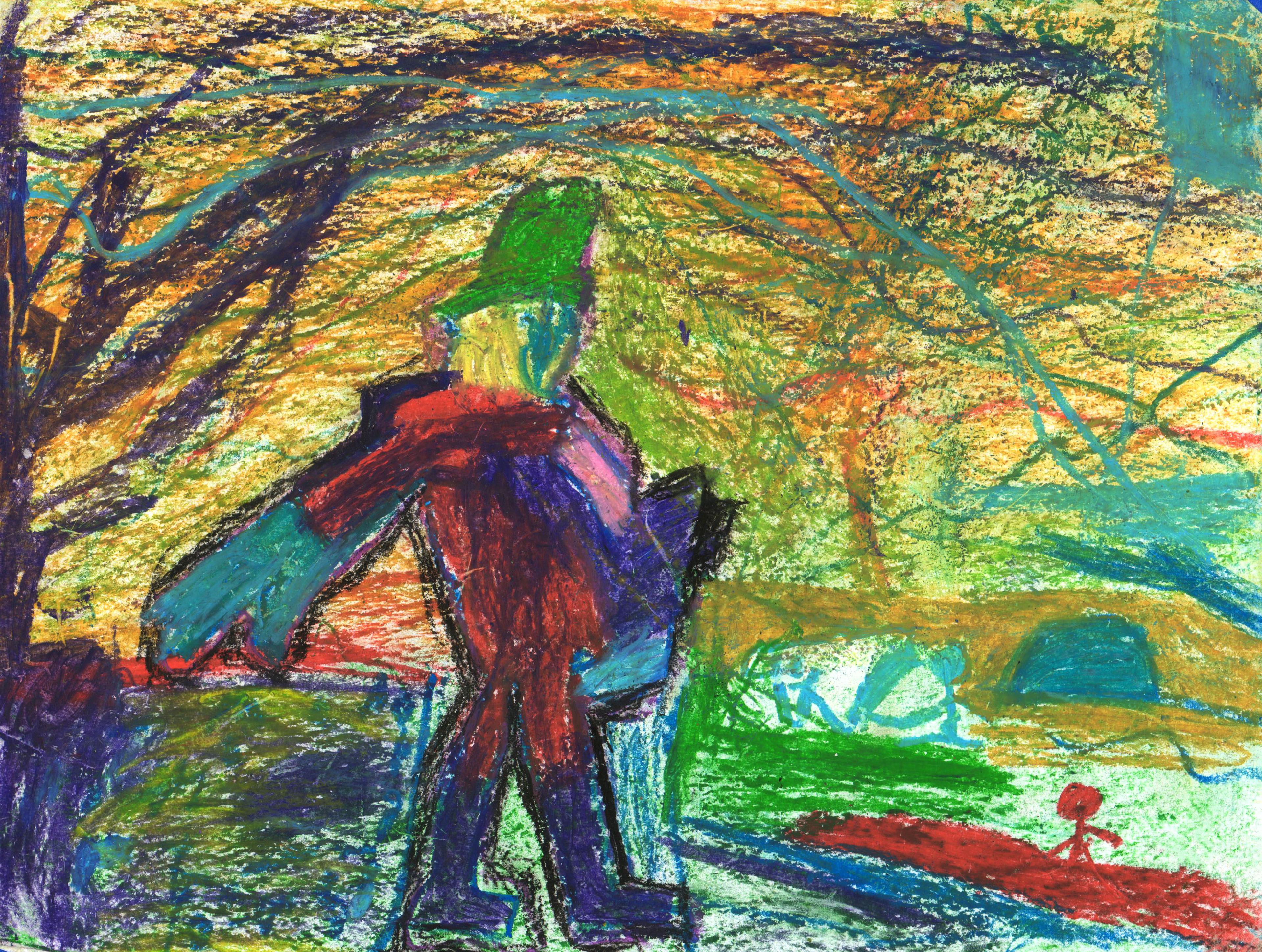 Pastel drawing of a figure taking a broad stride from left to right across a field, with the dark branches of a leafless tree spreading overhead from the left edge of the image. The figure wears blue pants, a red and blue coat, teal gloves, and a tall green hat upon a blue head with blond hair. A yellow and orange sky overhead is laced with teal pastel strokes. The walking figure gazes right to a small, red stick figure who stands on a red patch of ground in the distance.