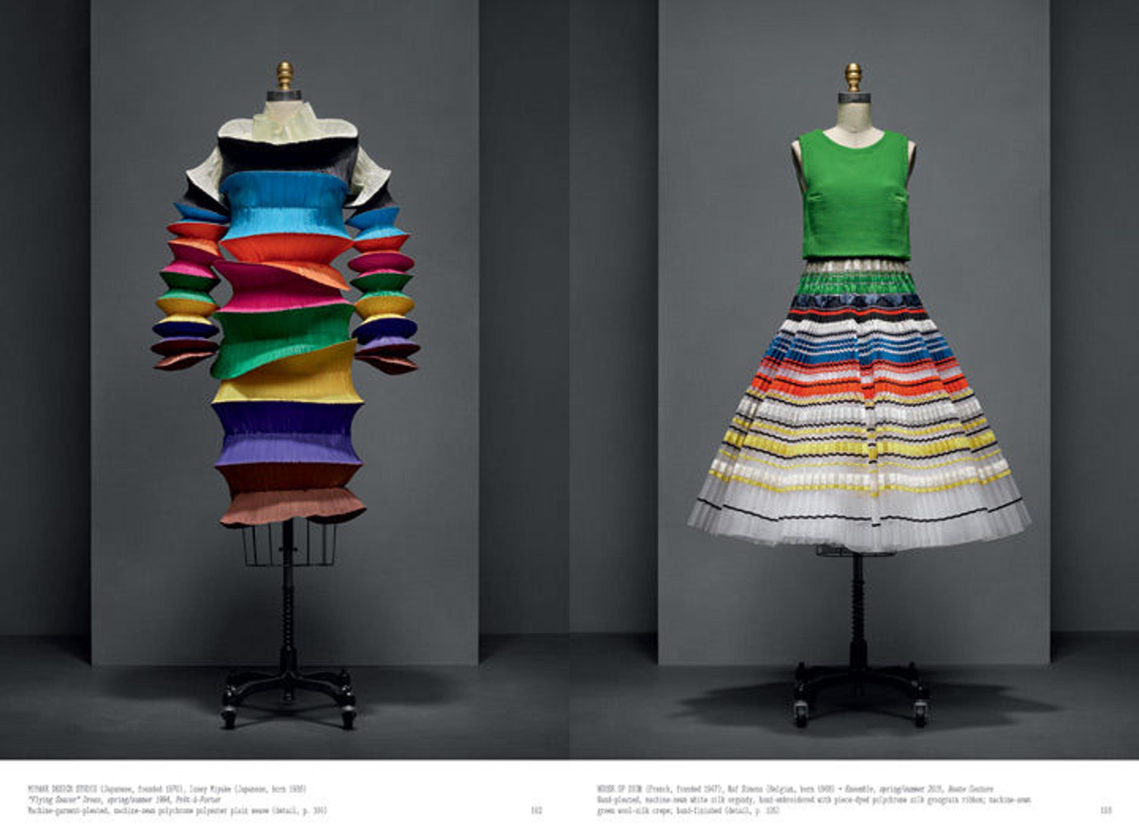Spread from the publication showing two colorful dresses